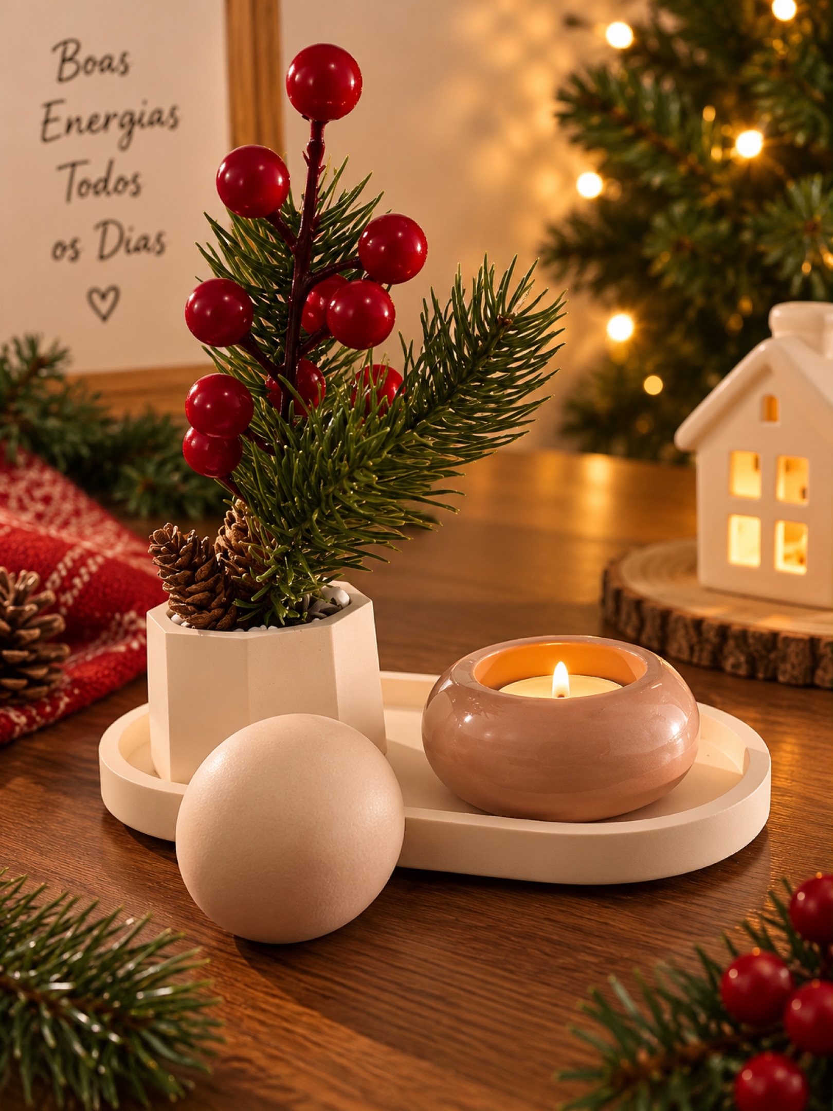 Kit Decorativo Magia do Natal – Vela Artesanal, Arranjo Natalino e Bandeja