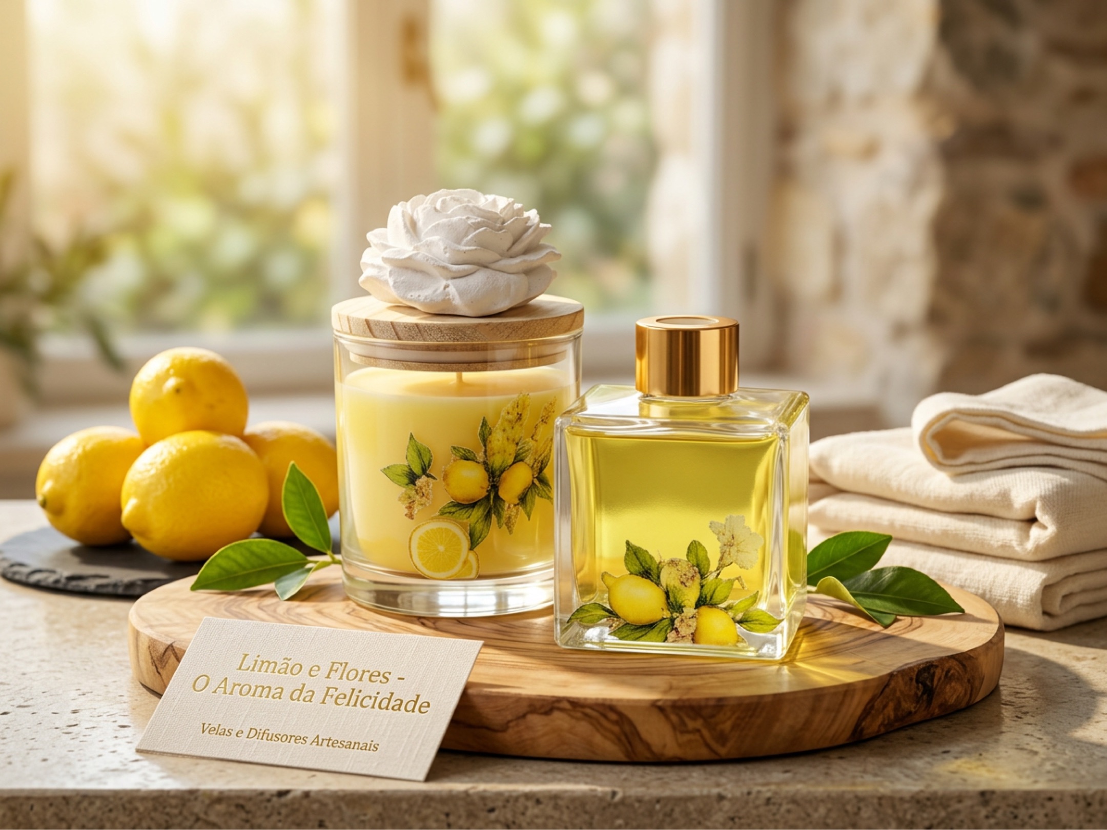 Kit Limão e Flores — Vela Aromática e Difusor de Ambiente Artesanais
