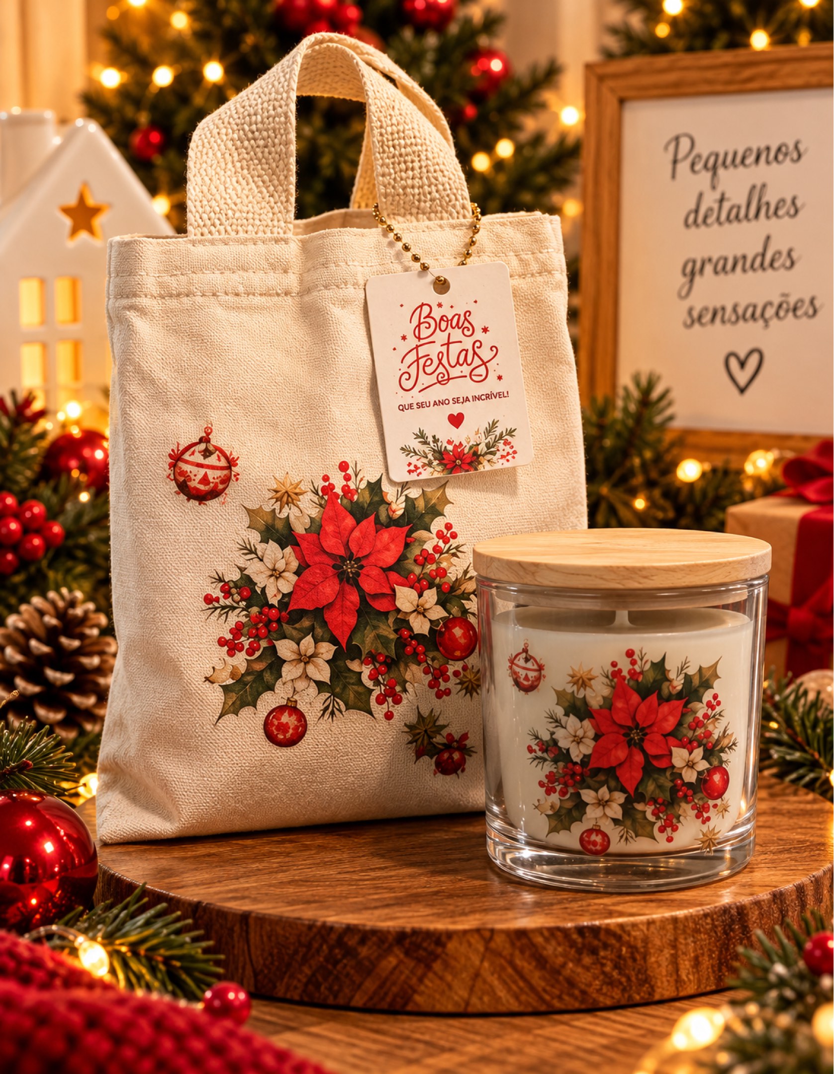 Kit Natal Encanto das Flores – Vela Aromática com Sacolinha para Presente