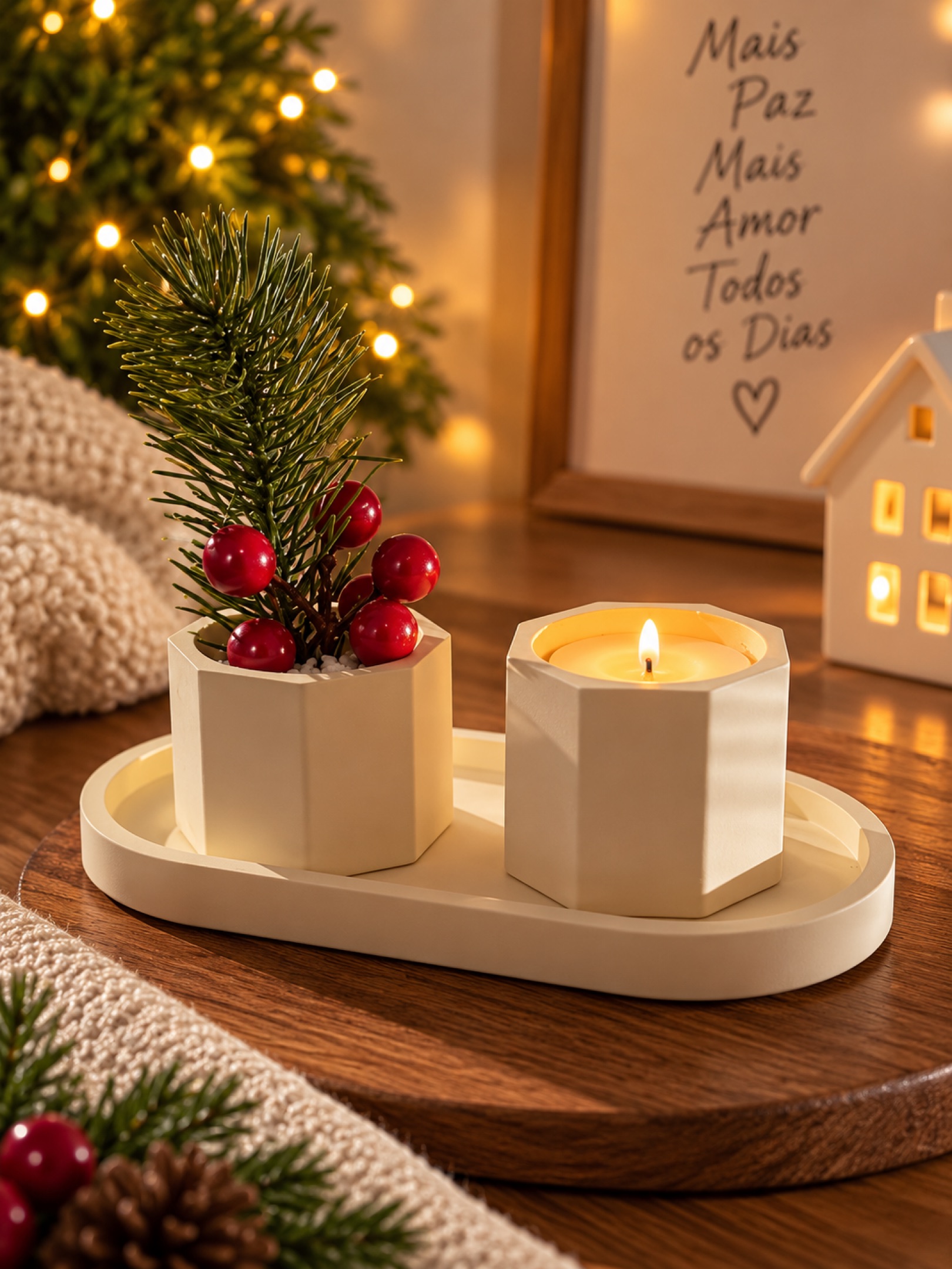 Kit Decorativo Luz de Natal – Vela Artesanal, Arranjo Natalino e Bandeja