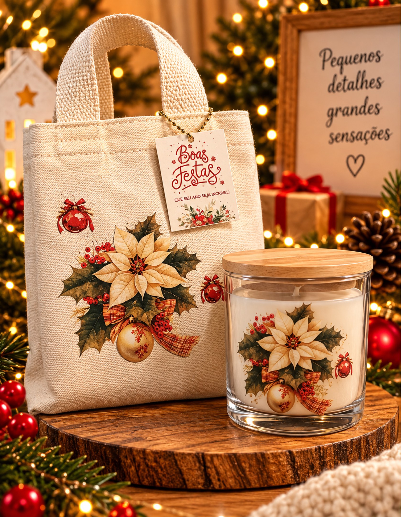 Kit Natal Estrela de Amor – Vela Aromática Artesanal com Sacolinha para Presente