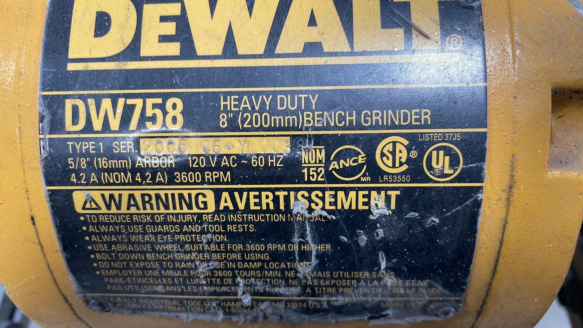 Photo 3 of DEWALT DW758 8" HEAVYDUTY BENCH GRINDER 3/4HP ON CUSTOM STAND