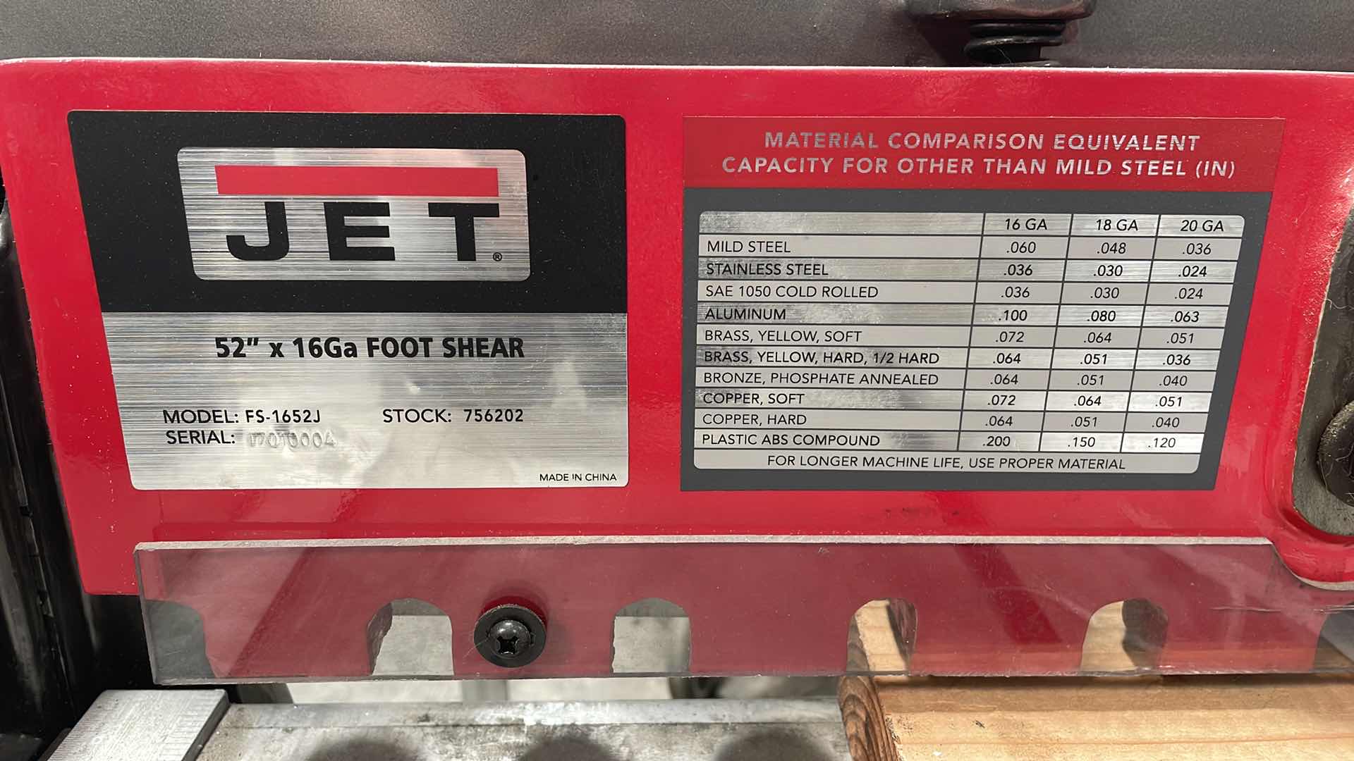 Photo 5 of JET 52-INCH FOOT SHEAR, 16-GAUGE MILD STEEL (FS-1652J)