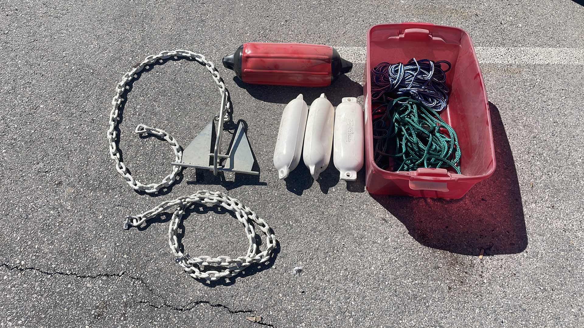 Photo 1 of BOATING EQUIPMENT BOUYS, ANCHOR WITH RUBBER COATED CHAIN AND 2 ROPES