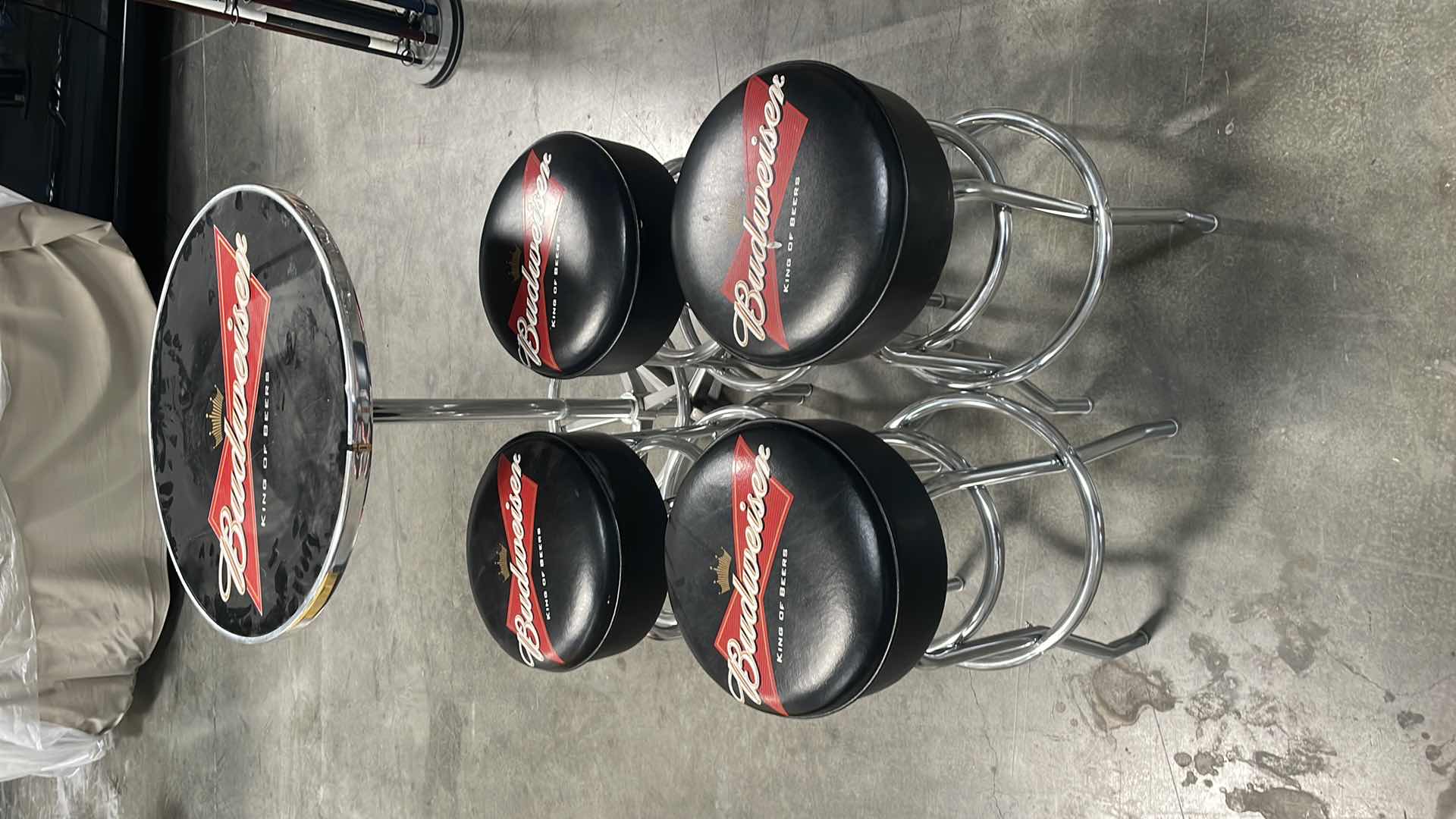 Photo 1 of BUDWEISER BAR TABLE 27” AND 4 BAR STOOLS