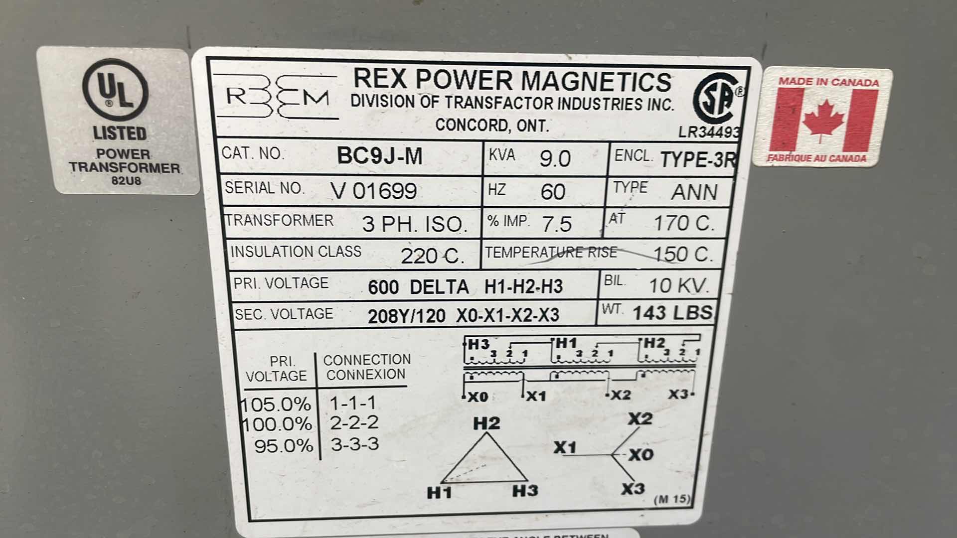 Photo 3 of REX POWER MAGNETICS BC9J-M 9KVA 3 PHASE TRANSFORMER 208Y/120