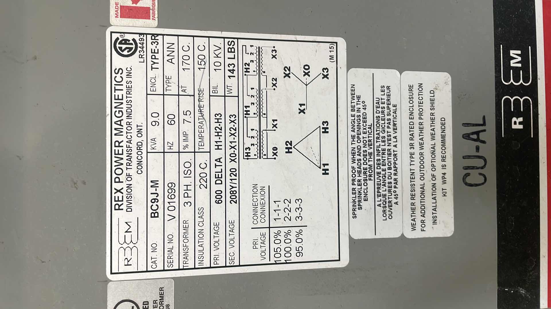 Photo 2 of REX POWER MAGNETICS BC9J-M 9KVA 3 PHASE TRANSFORMER 208Y/120