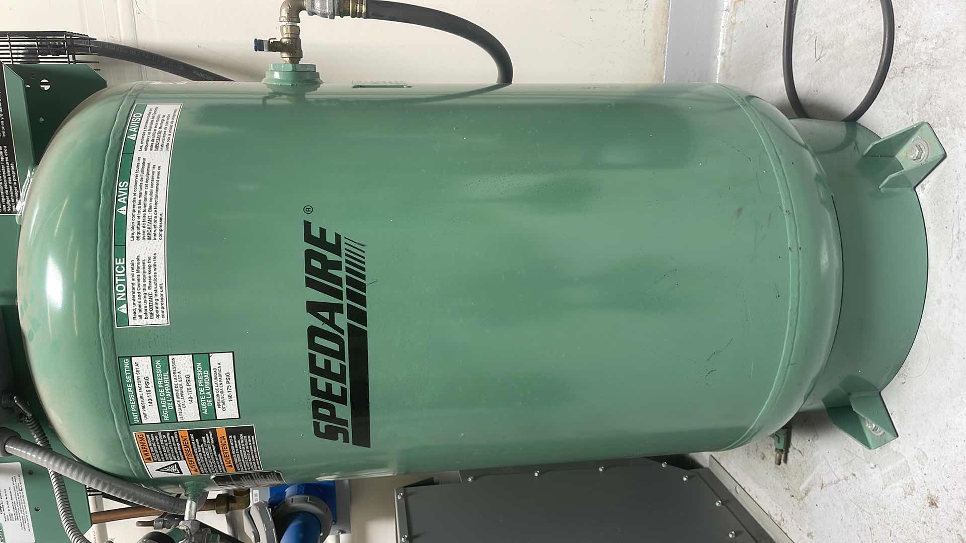 Photo 10 of SPEEDAIRE MODEL 1WD55 3 PHASE VERTICAL TANK MOUNTED AIR COMPRESSOR 5HP 80 GALLON CAP. 175 PSI  30A