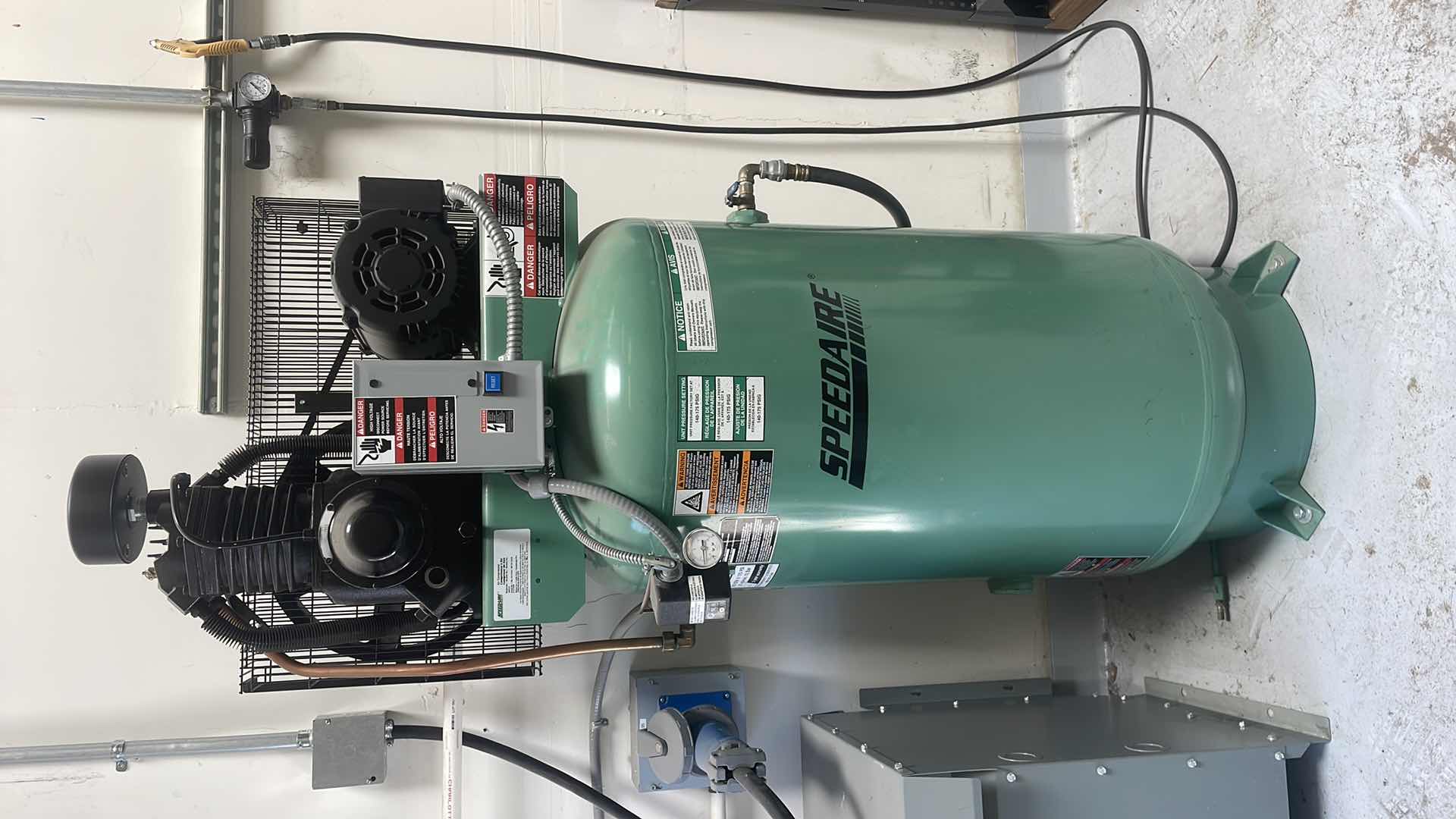 Photo 1 of SPEEDAIRE MODEL 1WD55 3 PHASE VERTICAL TANK MOUNTED AIR COMPRESSOR 5HP 80 GALLON CAP. 175 PSI  30A