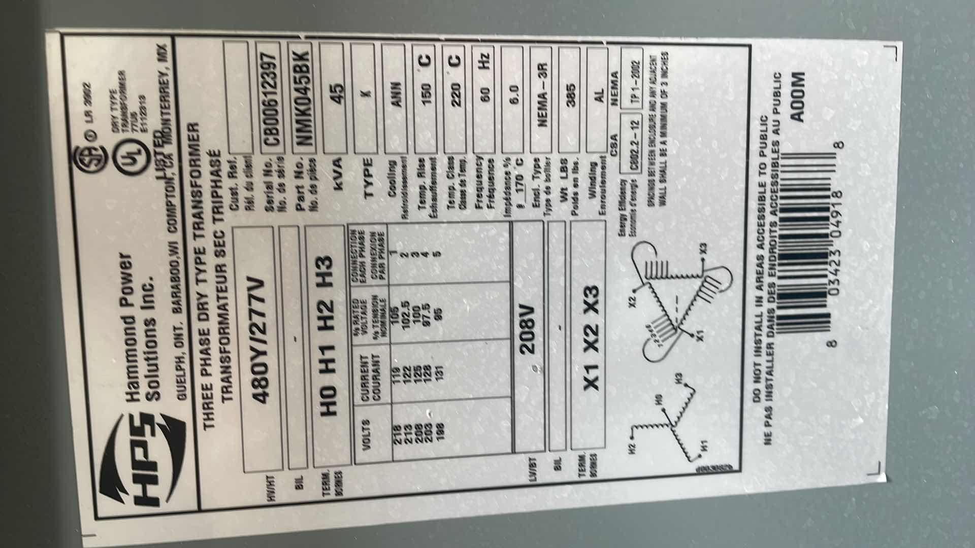 Photo 7 of HAMMOND POWER SOLUTIONS 3 PHASE DRY TYPE TRANSFORMER NMK045BK 480Y/277V 45 KVA
