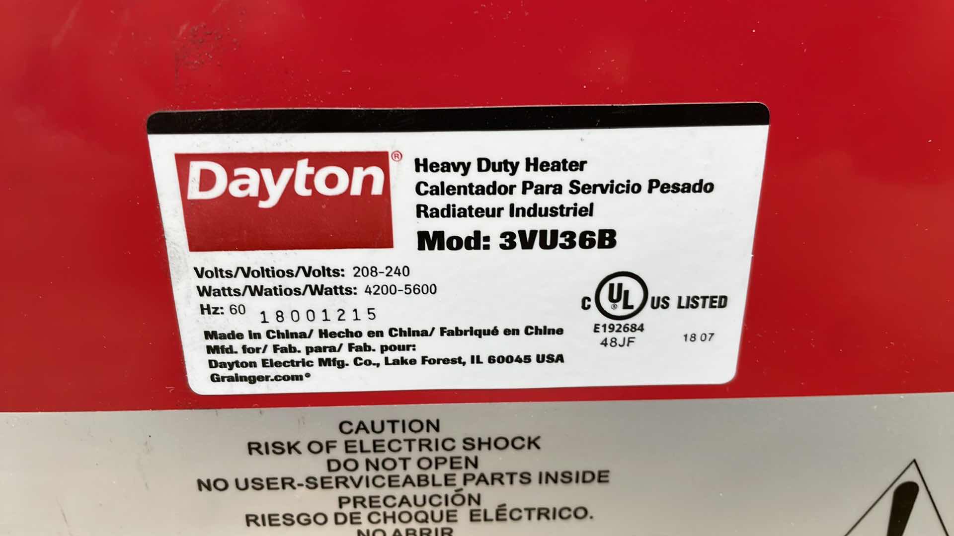 Photo 3 of DAYTON HEAVY DUTY HEATER MODEL 3VU36B 208-240v