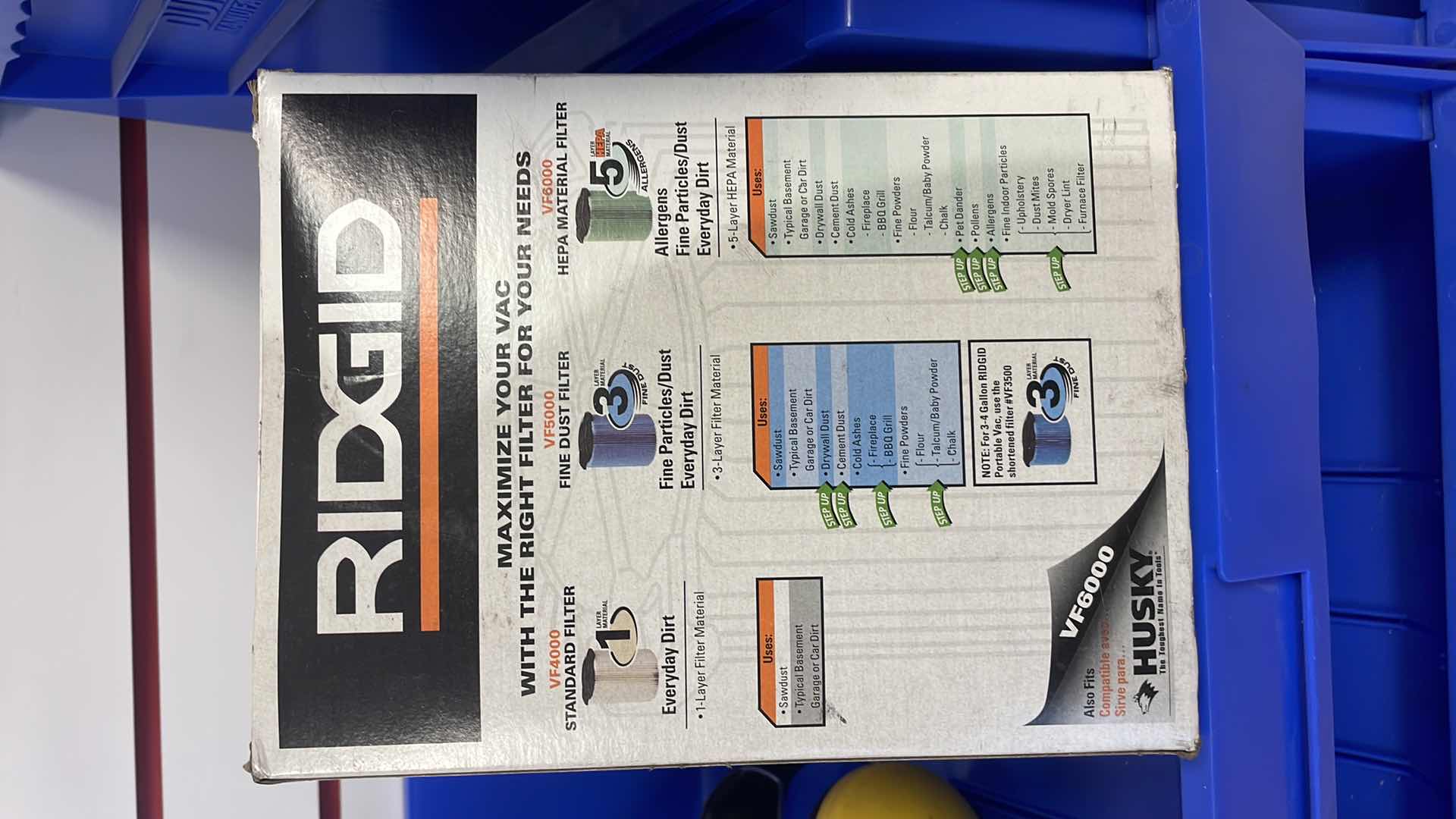 Photo 6 of DURHAM 16-1/2” x 14-1/2” x 7” STACKABLE BINS WITH ASSORTMENT OF HOSES HEARING PROTECTION AND RIDGID WET/DRY VACUUM FILTER