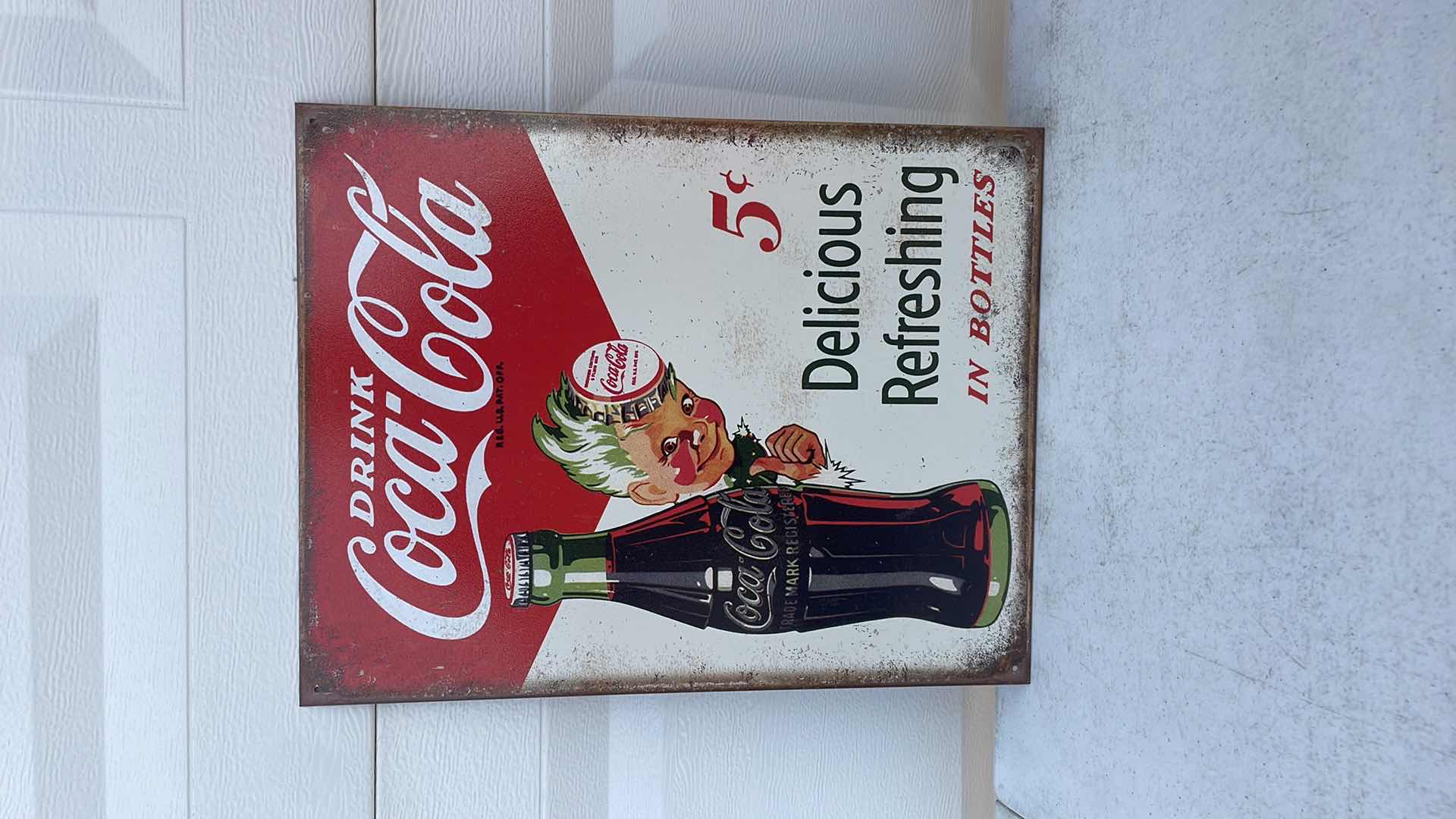 Photo 1 of COKE SPRITE BOY 5 CENTS TIN SIGN 12-1/2” X 16”