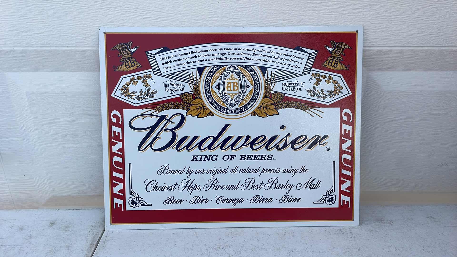 Photo 1 of BUDWEISER TIN SIGN 16" X 12.5" BEER LABEL LOGO KING OF BEERS