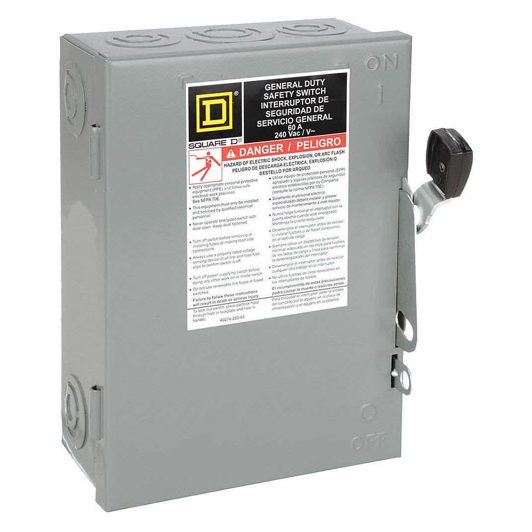 Photo 1 of SQUARE D SAFETY SWITCH: NON-FUSIBLE, 60 A, THREE PHASE, 240V AC, GALVANIZED STEEL, INDOOR MODEL DU322