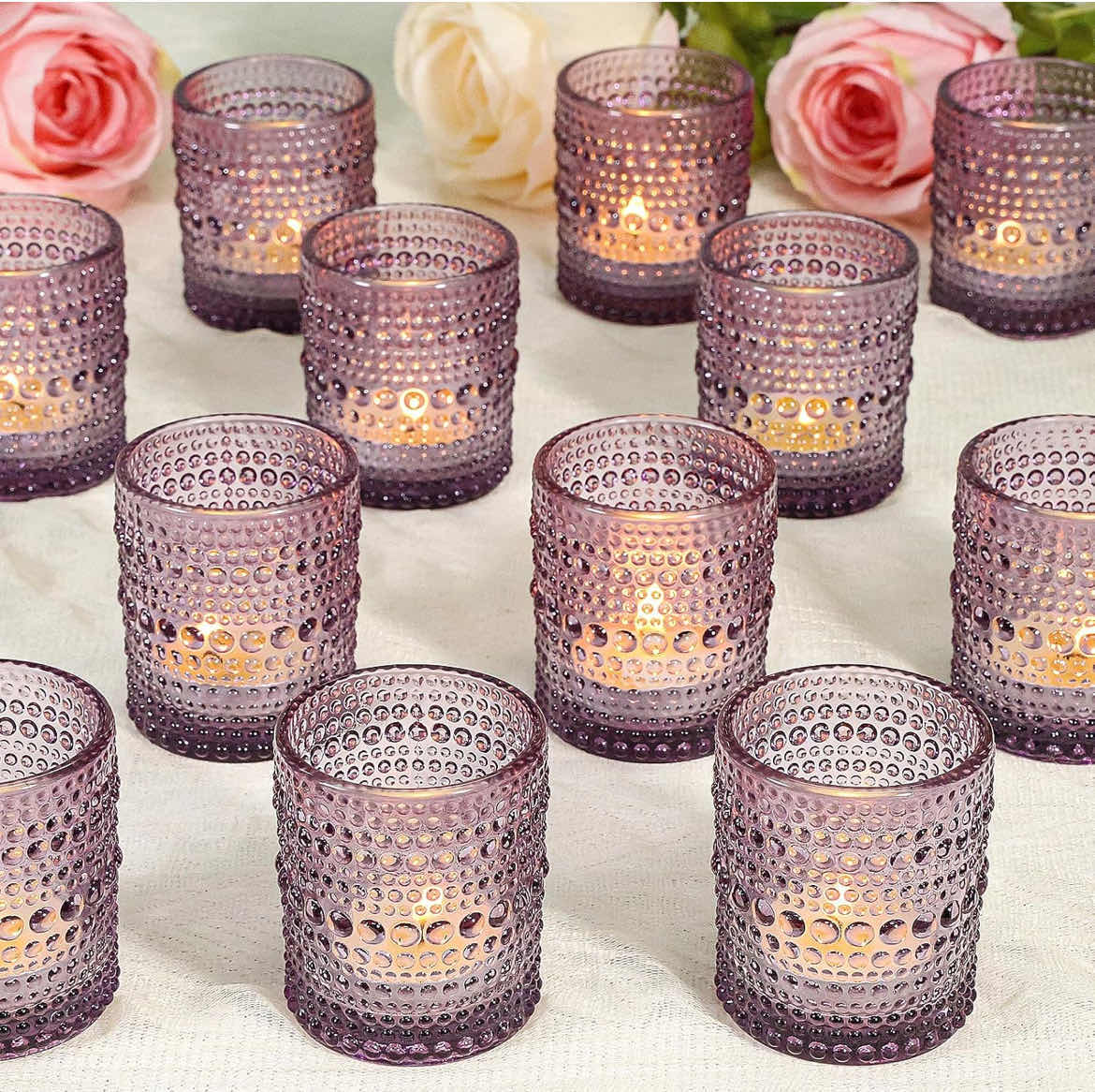 Photo 1 of 48 PCS VOTIVE CANDLE HOLDERS, PURPLE GLASS CANDLE HOLDERS BULK FOR TABLE CENTERPIECE, TEA LIGHTS CANDLE HOLDER FOR WEDDING SHOWER, PARTY AND HOME DECOR