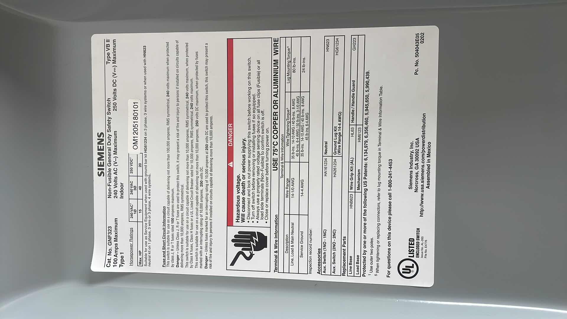 Photo 1 of SIEMENS NON FUSIBLE GENERAL DUTY SAFETY SWITCH GNF323 100A
