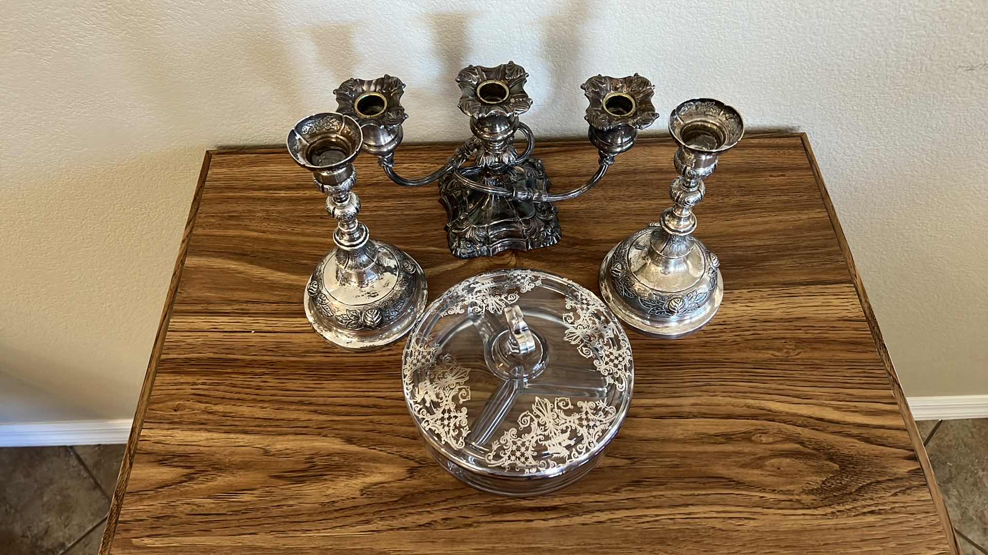 Photo 2 of SILVER-PLATED CANDLEHOLDERS, VINTAGE GLASS COVERED CANDY DISH