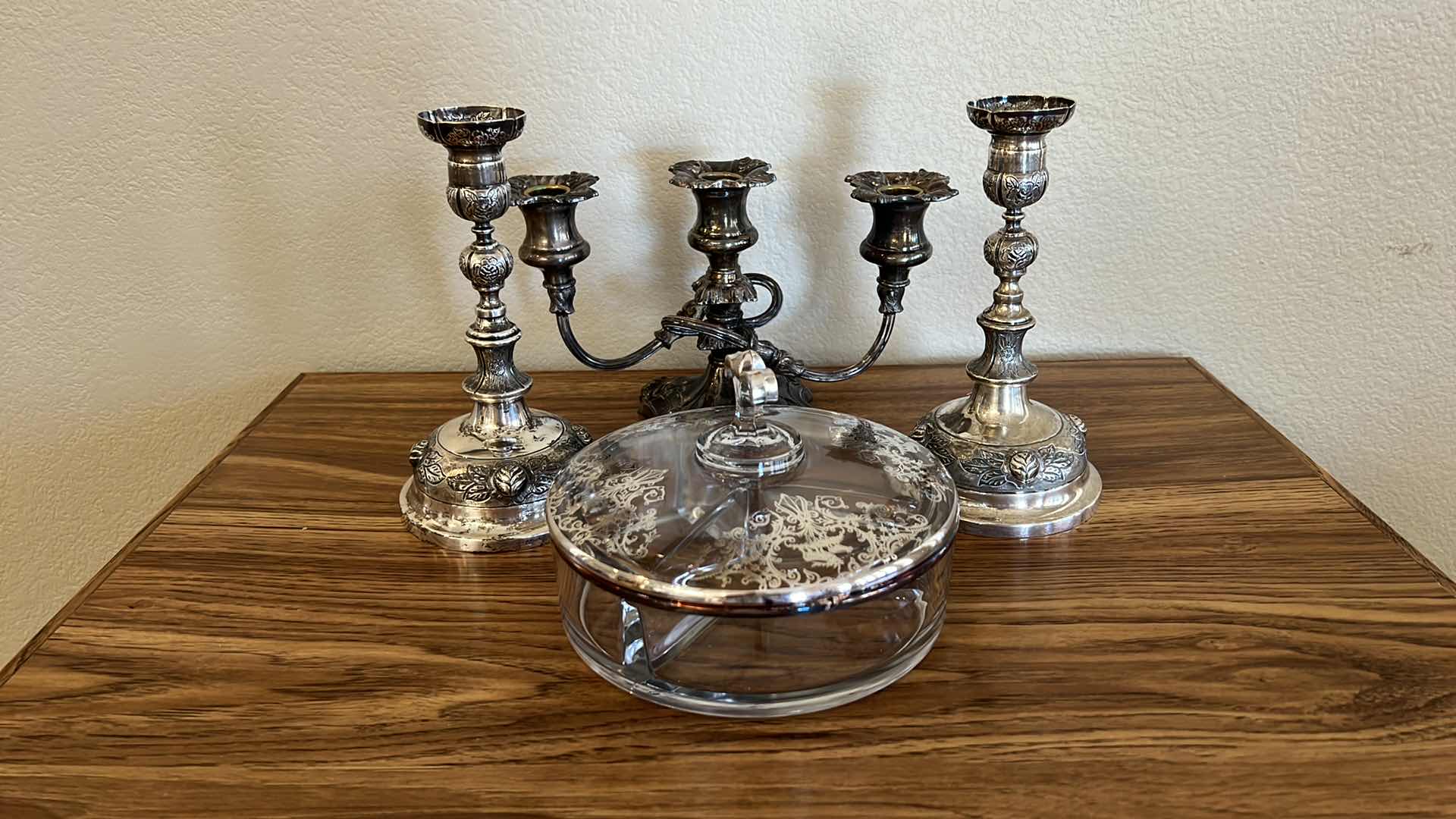 Photo 1 of SILVER-PLATED CANDLEHOLDERS, VINTAGE GLASS COVERED CANDY DISH