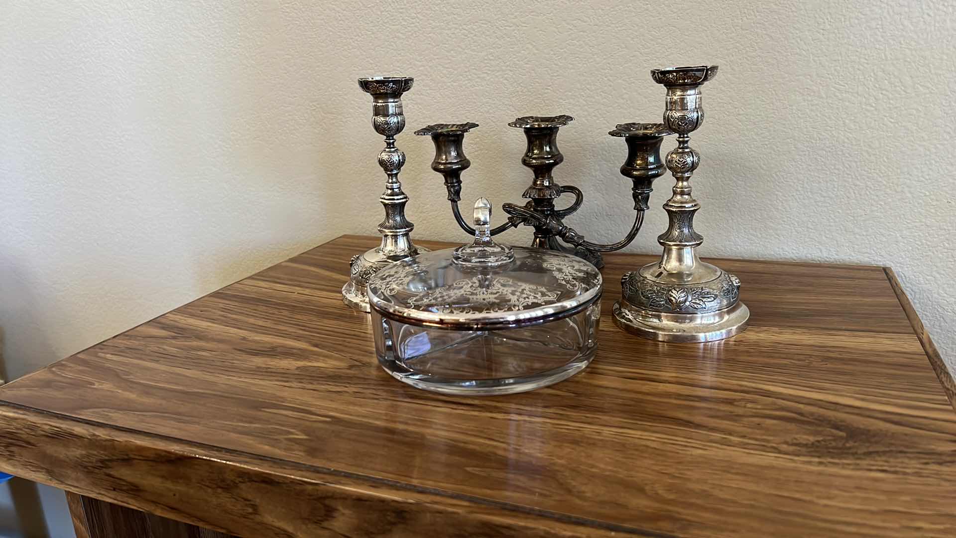 Photo 3 of SILVER-PLATED CANDLEHOLDERS, VINTAGE GLASS COVERED CANDY DISH