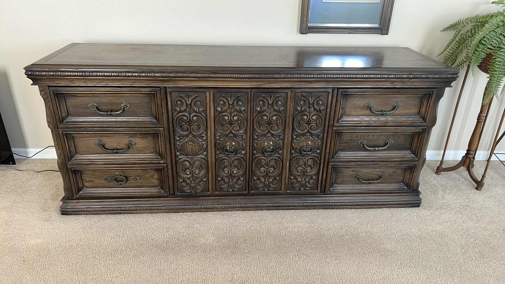 Photo 2 of VINTAGE WALNUT DRESSER W WALL MIRROR 77”x 31” H22”