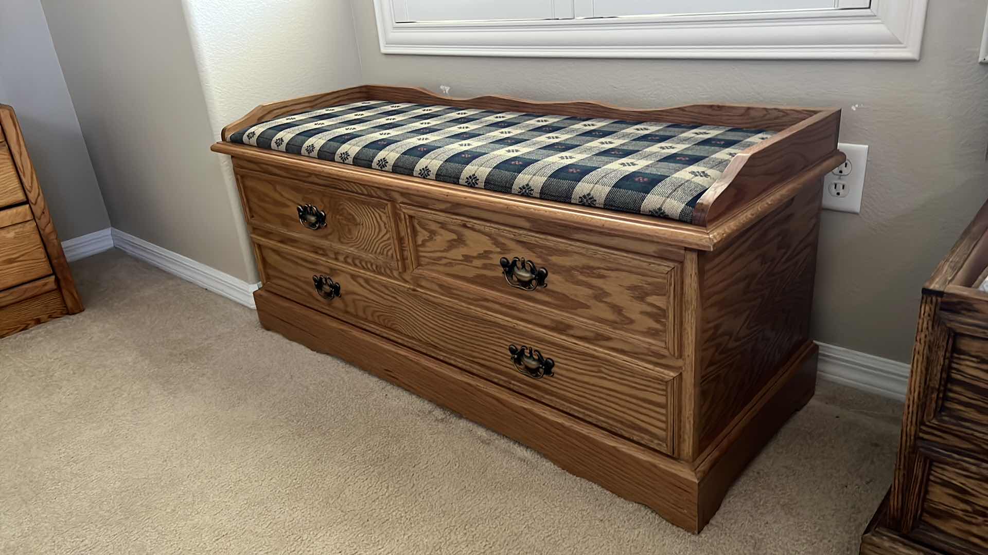 Photo 2 of OAK W UPHOLSTERED TOP STORAGE CHEST BENCH 48” x 18” H22” (CONTENTS INCLUDED)