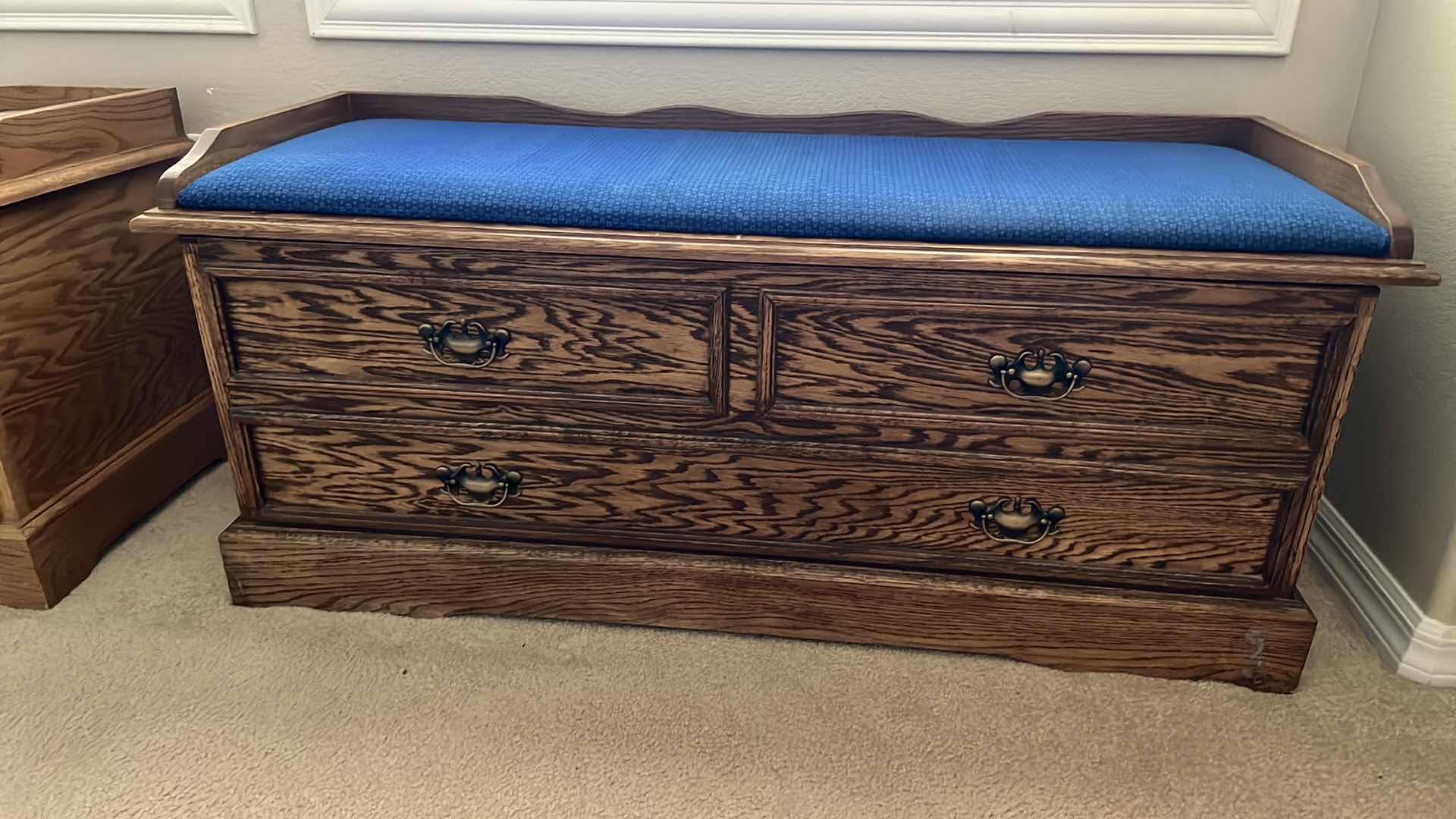 Photo 1 of OAK W UPHOLSTERED TOP STORAGE CHEST BENCH 48” x 18” H22” (CONTENTS INCLUDED)