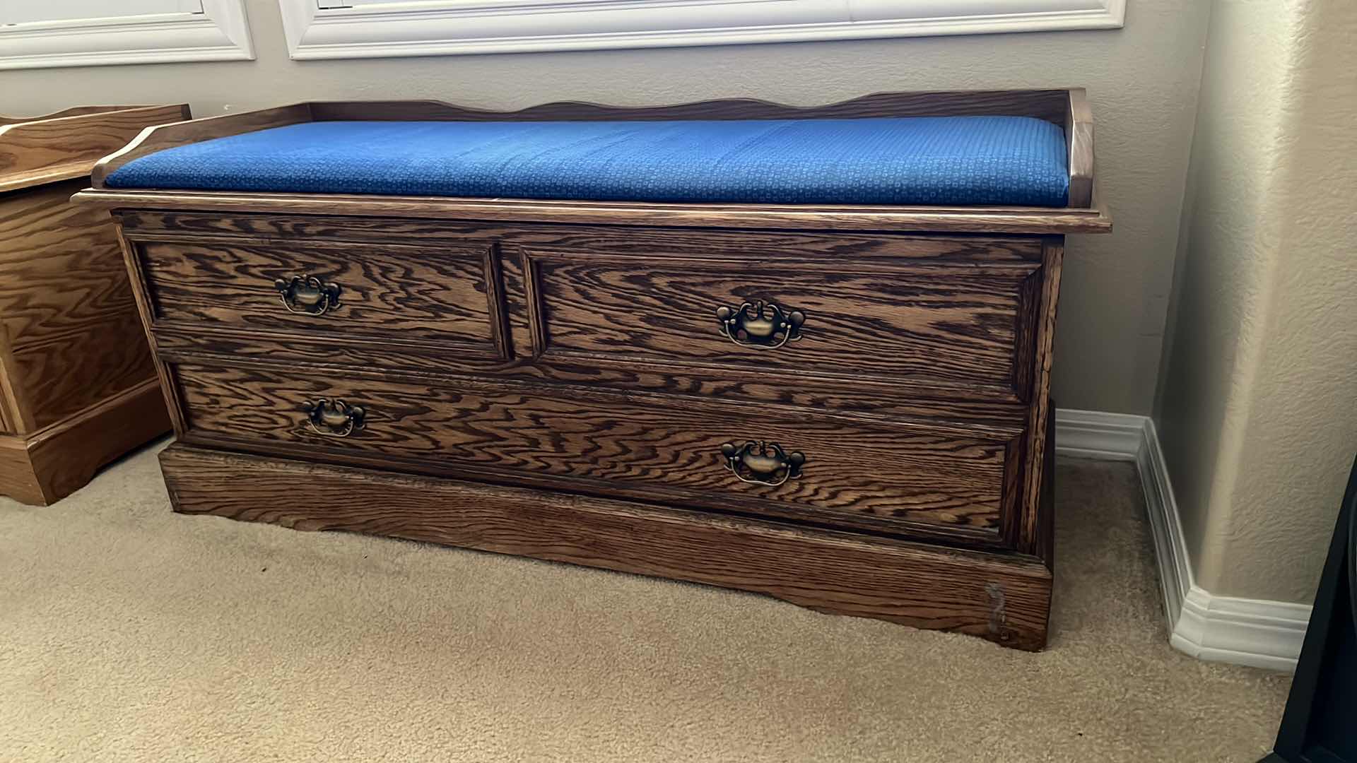 Photo 2 of OAK W UPHOLSTERED TOP STORAGE CHEST BENCH 48” x 18” H22” (CONTENTS INCLUDED)