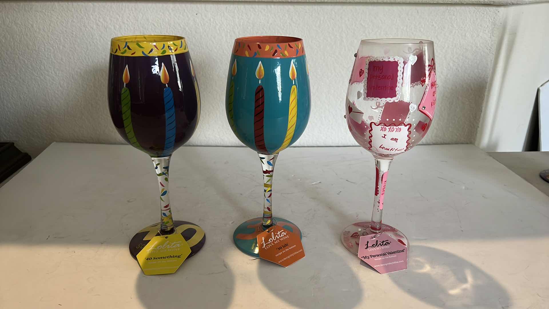 Photo 1 of 3-COLLECTIBLE LOLITA HAND PAINTED BIRTHDAY WINE GLASSES