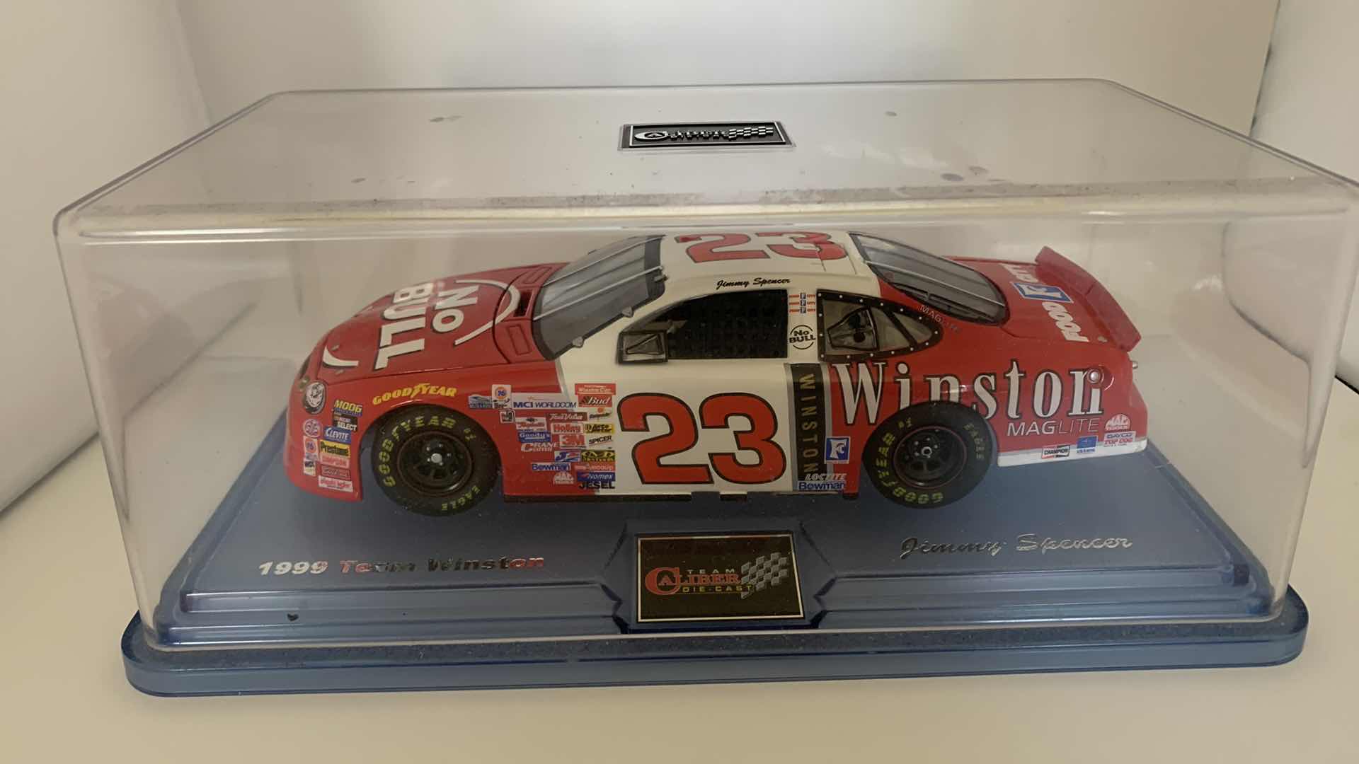 Photo 1 of 1999 TEAM WINSTON JIMMY SPENCER DIE CAST RACE CAR IN SHOW CASE.