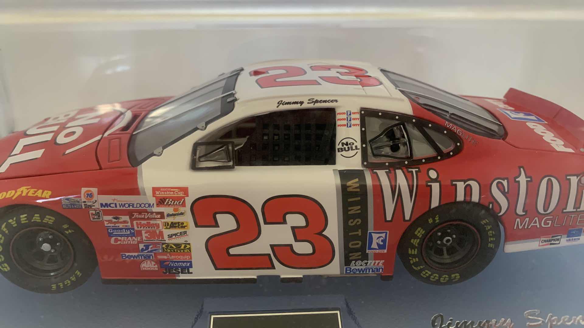 Photo 3 of 1999 TEAM WINSTON JIMMY SPENCER DIE CAST RACE CAR IN SHOW CASE.