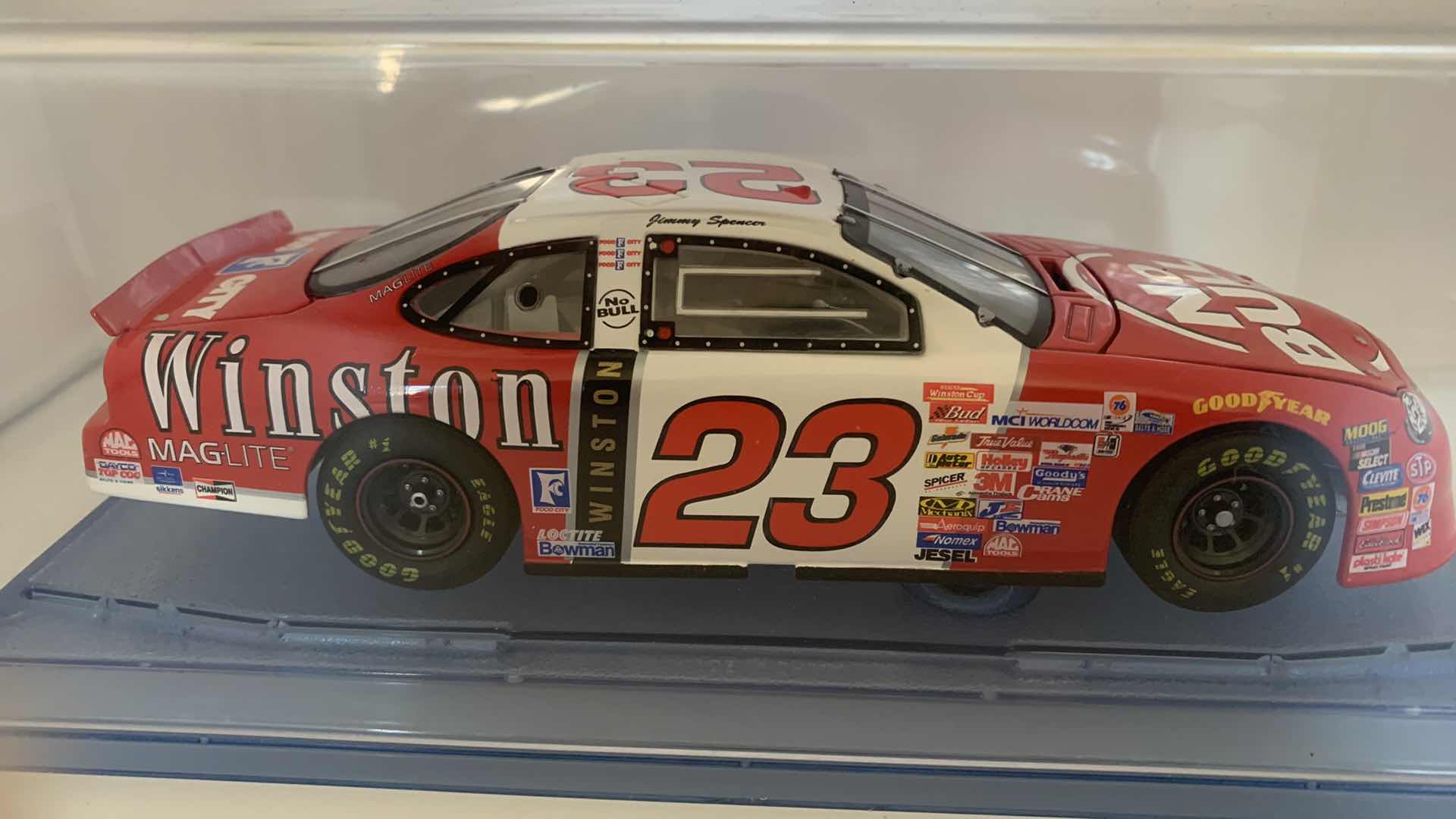 Photo 4 of 1999 TEAM WINSTON JIMMY SPENCER DIE CAST RACE CAR IN SHOW CASE.