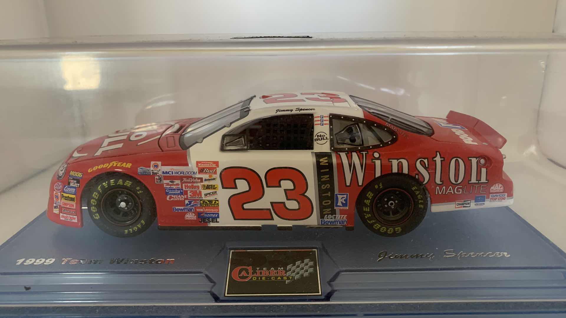 Photo 2 of 1999 TEAM WINSTON JIMMY SPENCER DIE CAST RACE CAR IN SHOW CASE.