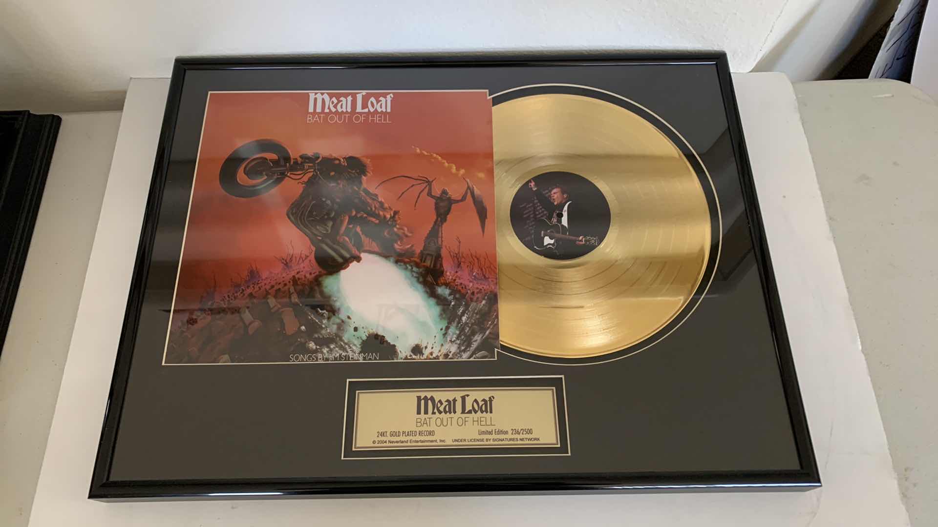 Photo 1 of 2004 FRAMED MEAT LOAF (BAT OUT OF HELL) LIMITED EDITION 236/2500 24JT GOLD PLATED RECORD. 24” X 18”