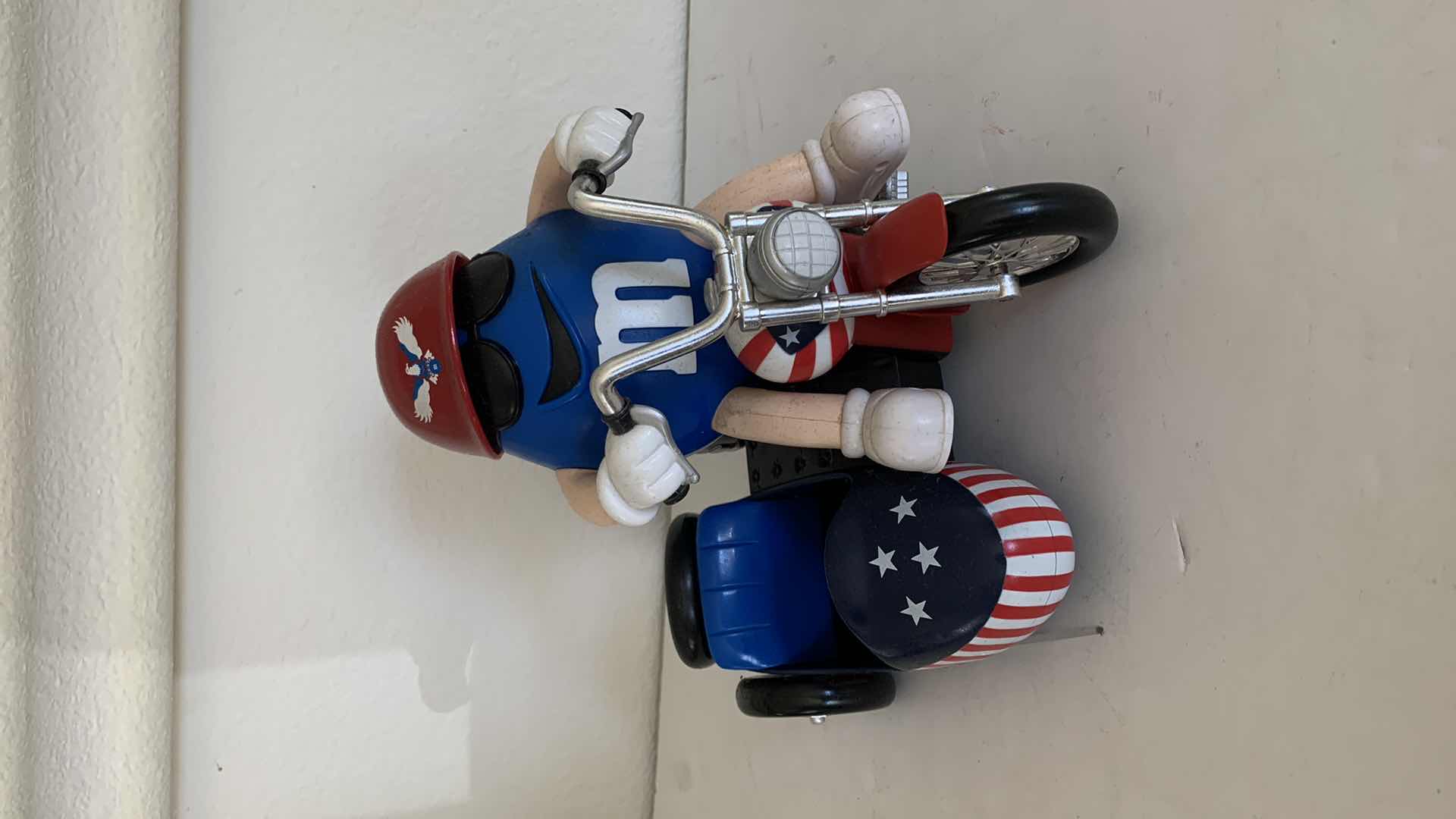 Photo 4 of M & Ms BLUE IN RED WHITE AND BLUE CHOPPER W. SIDE CAR COLLECTIBLE CANDY DISPENSER.