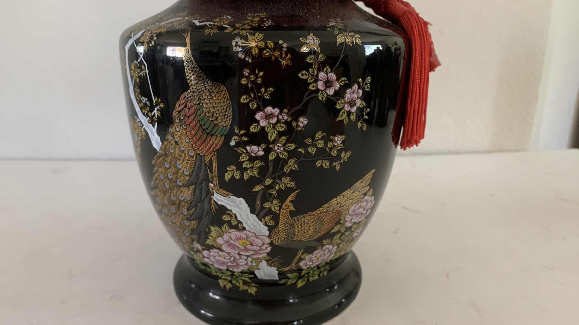 Photo 2 of HAND DECORATED PEACOCK ASIAN VASE. H.8”