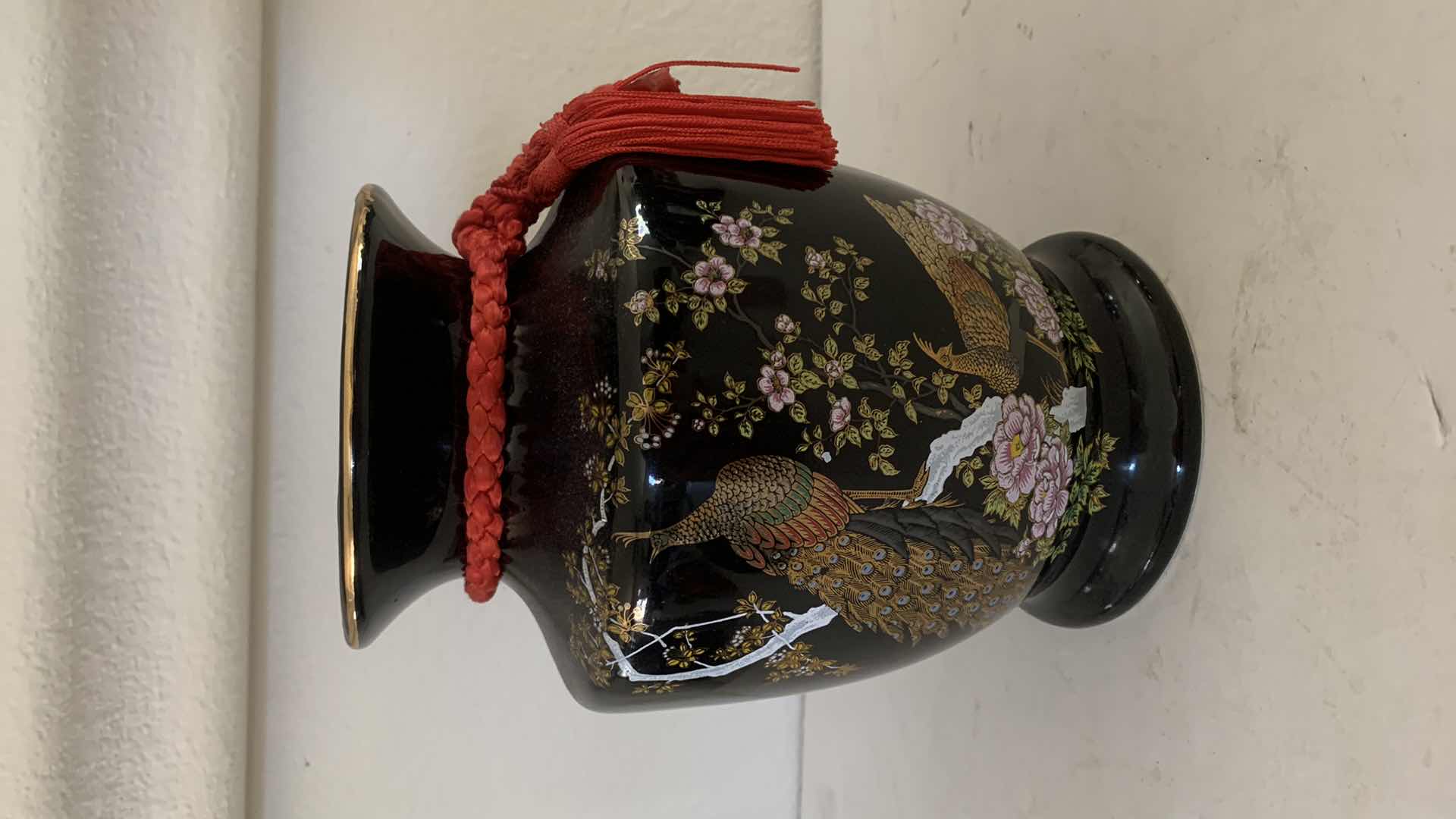Photo 1 of HAND DECORATED PEACOCK ASIAN VASE. H.8”