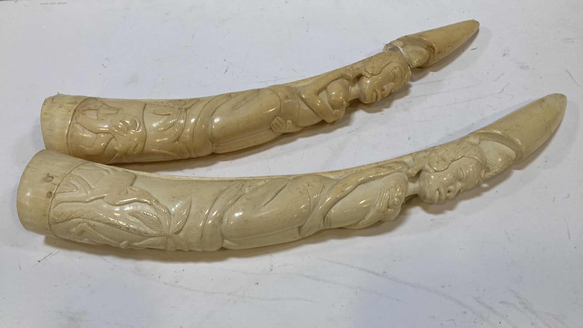 Photo 2 of AFRICAN CARVED ELEPHANT TUSKS (2) H 28”