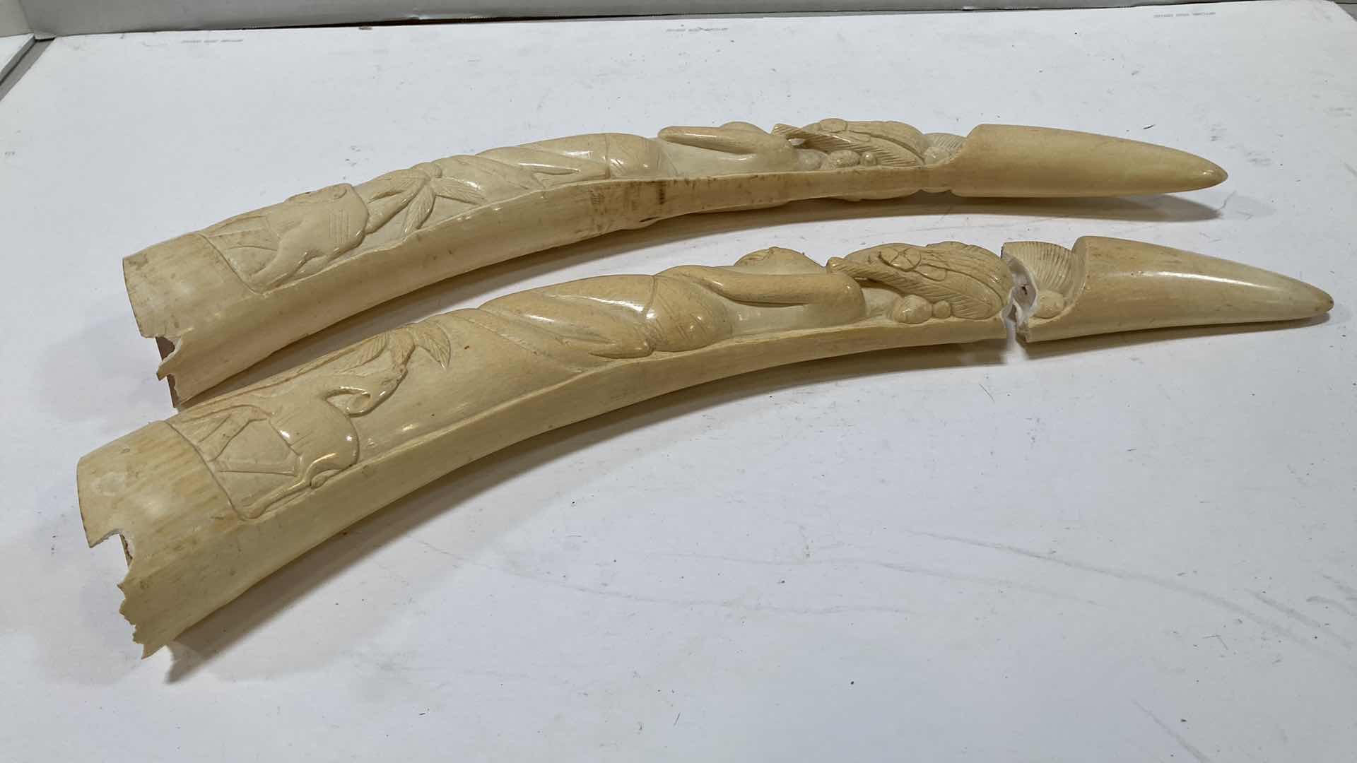 Photo 7 of AFRICAN CARVED ELEPHANT TUSKS (2) H 28”