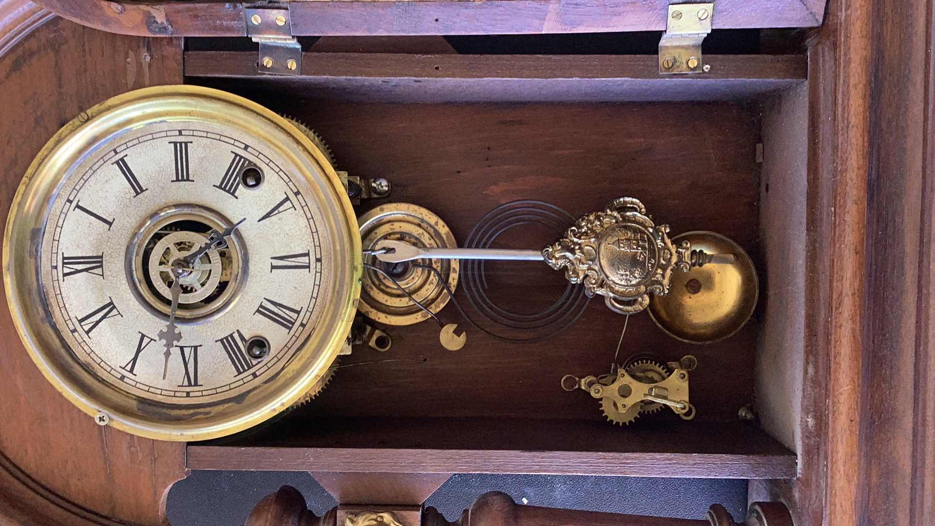 Photo 3 of ANTIQUE WELSH WALNUT PEACOCK PARLOR CLOCK 12” X 4” H 23”