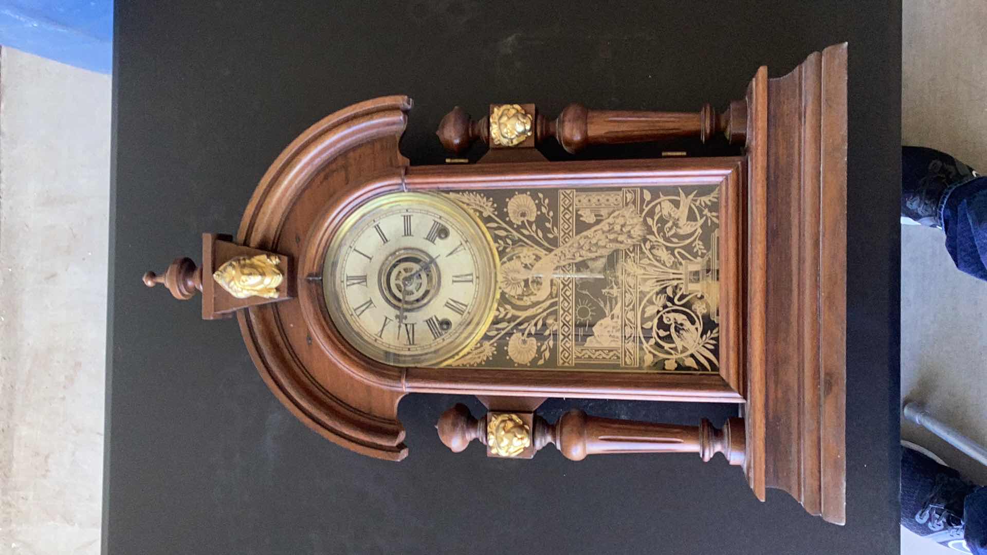 Photo 1 of ANTIQUE WELSH WALNUT PEACOCK PARLOR CLOCK 12” X 4” H 23”