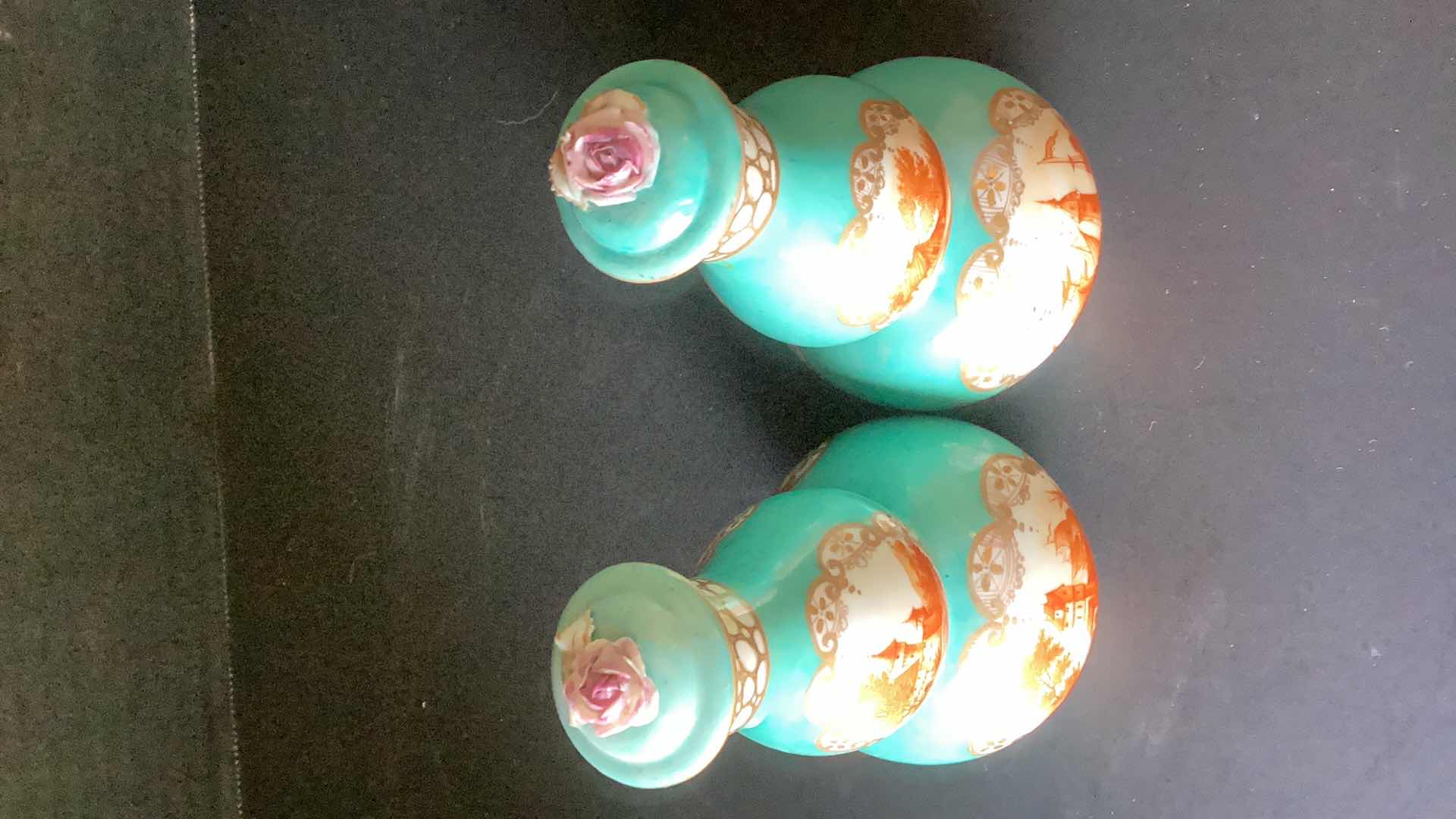 Photo 2 of ANTIQUE SEASCAPE INSPIRED PAINTED VASES 5” TALL