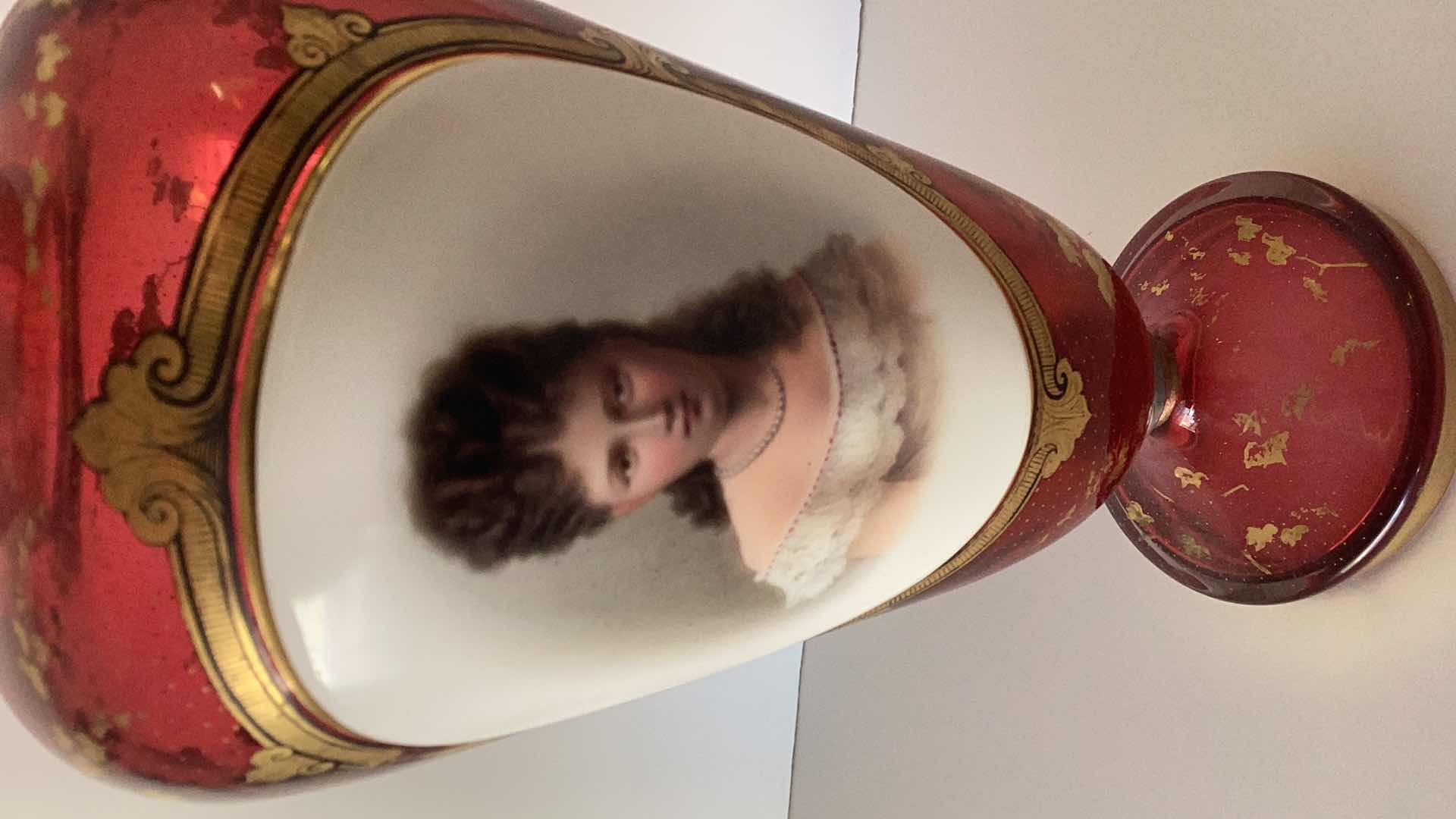 Photo 2 of ANTIQUE 1800’S BOHEMIAN CRANBERRY HAND PAINTED GLASS PORTRAIT VASE 10 1/2” TALL 