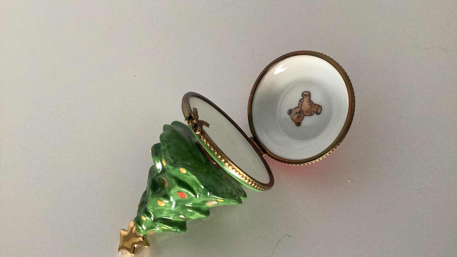 Photo 2 of LIMOGES FRANCE CHRISTMAS TREE PILL BOX 4” TALL 