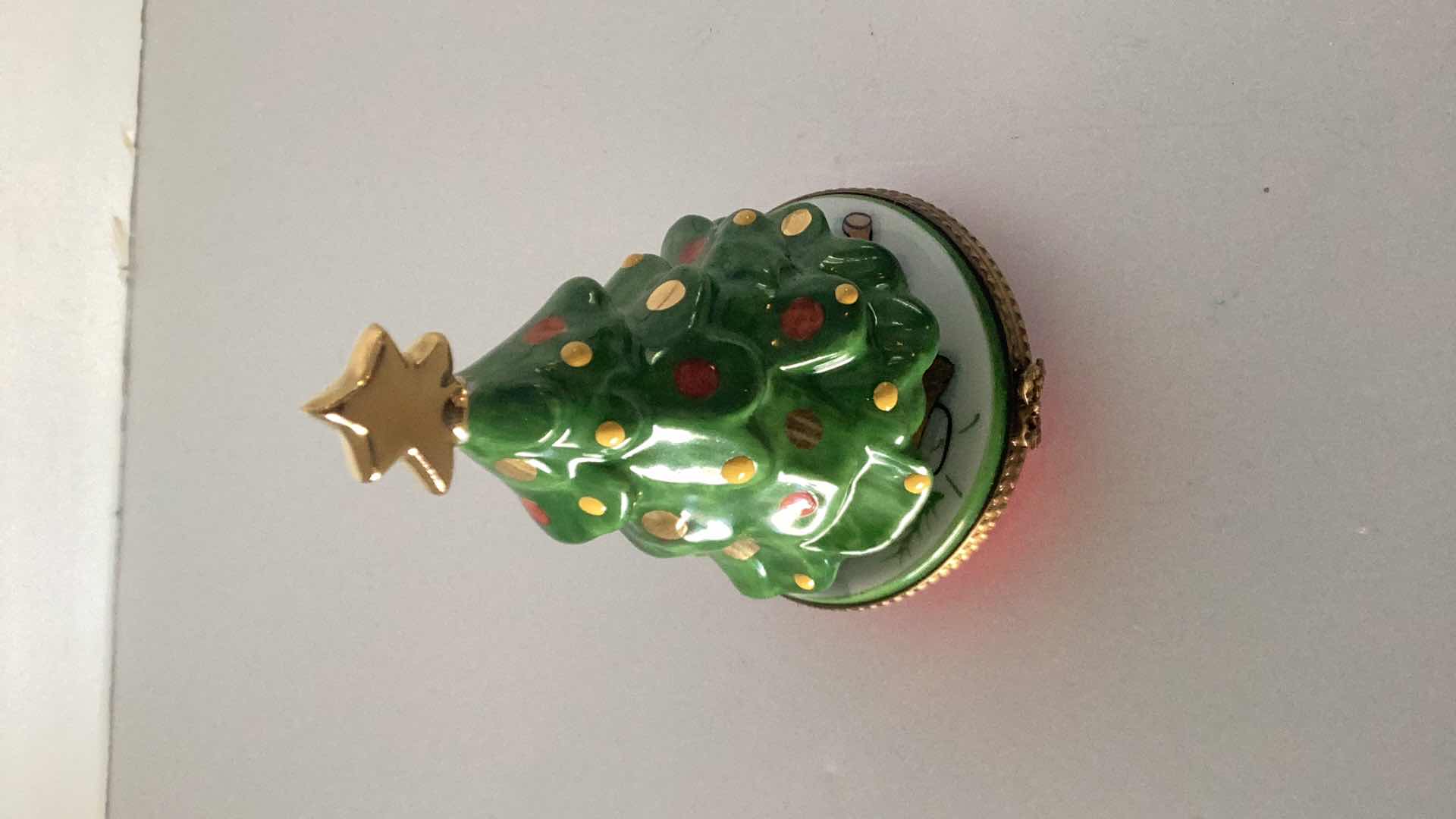 Photo 1 of LIMOGES FRANCE CHRISTMAS TREE PILL BOX 4” TALL 