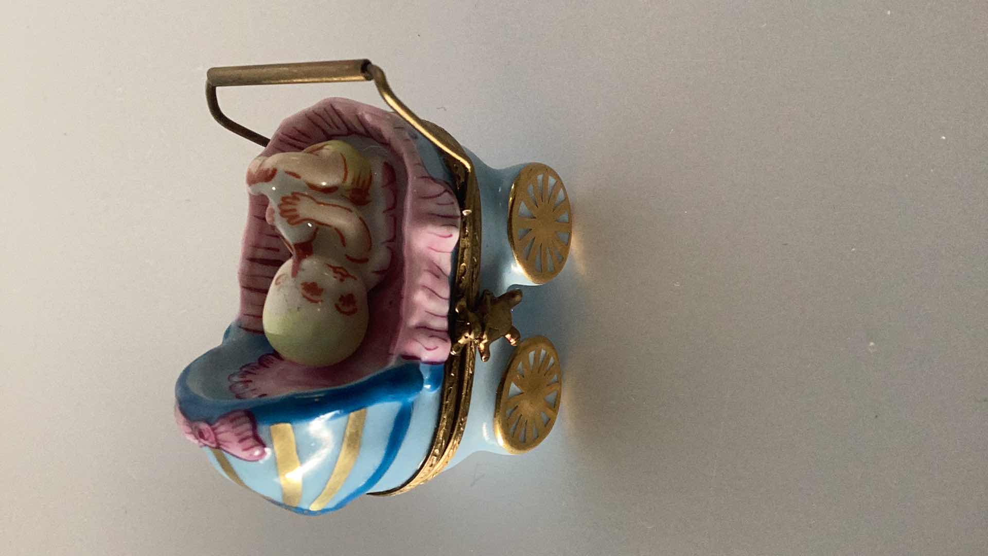 Photo 1 of LIMOGES FRANCE BABY CARRIAGE PILL BOX 2” TALL 