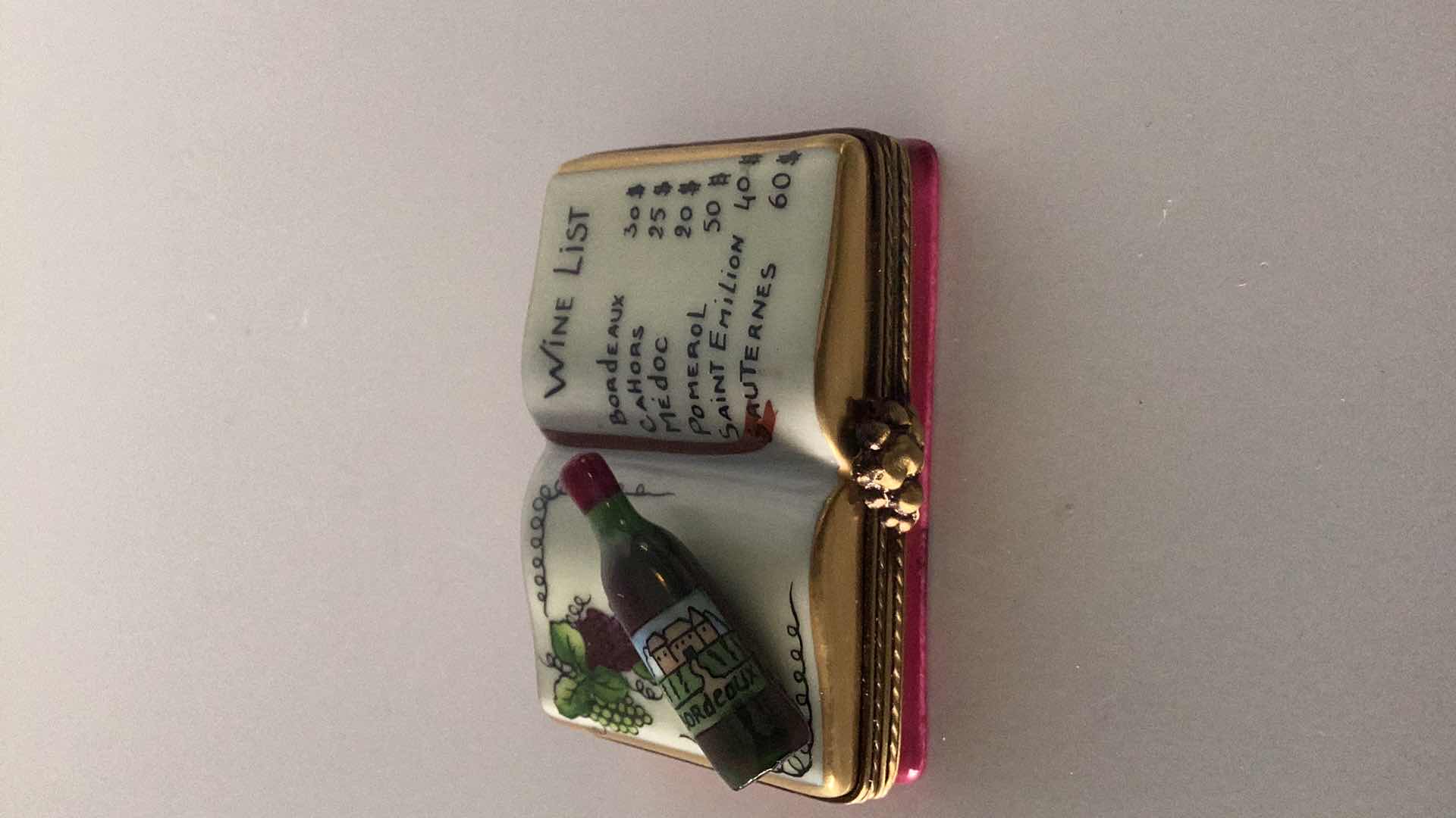 Photo 1 of LIMOGES FRANCE WINE LIST PILL BOX 2 1/2” WIDE