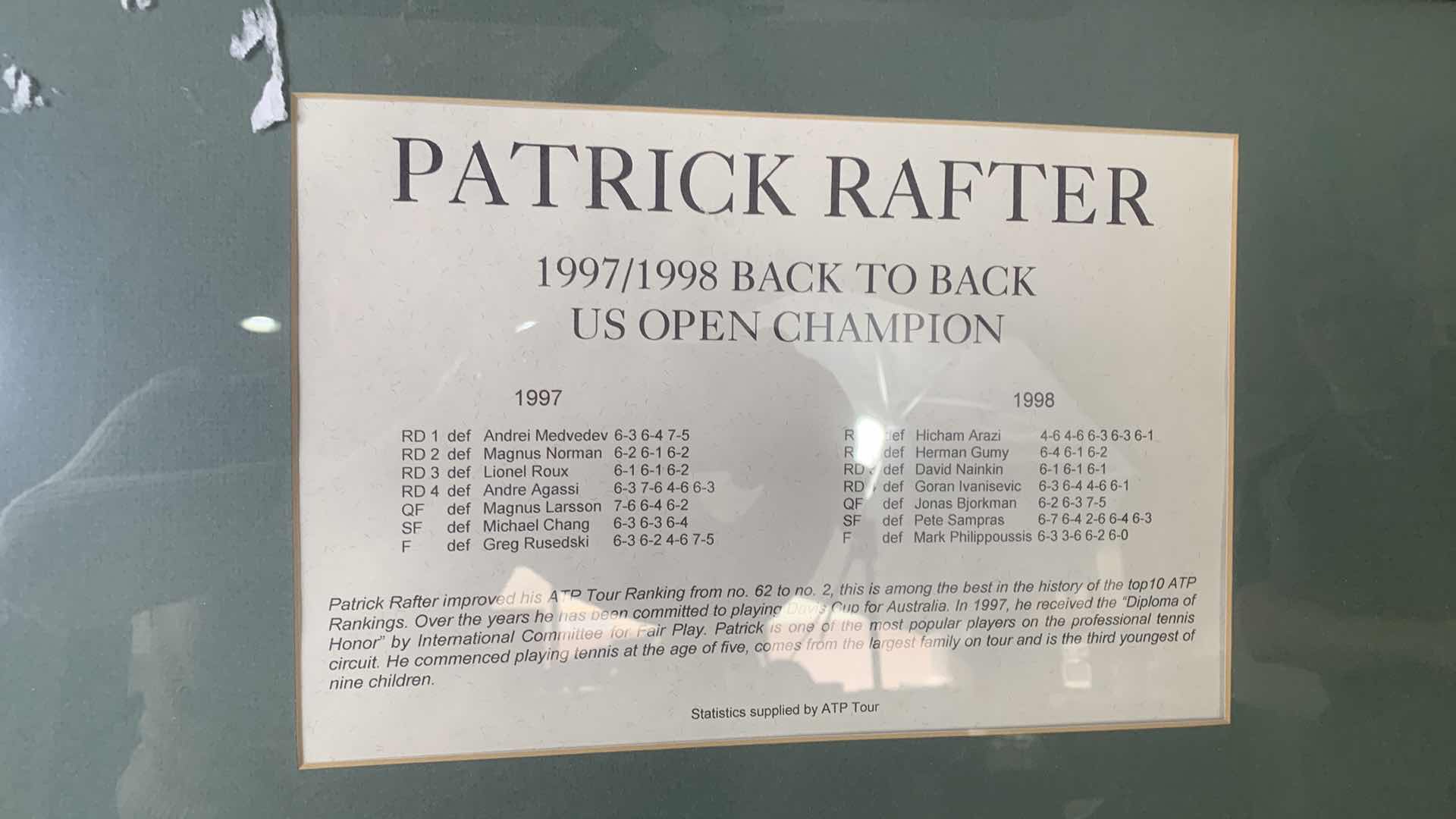 Photo 4 of WOOD FRAMED SHADOW BOX, PATRICK RAFTER US OPEN CHAMPION, AUTOGRAPHED HAT, PHOTO AND STATS