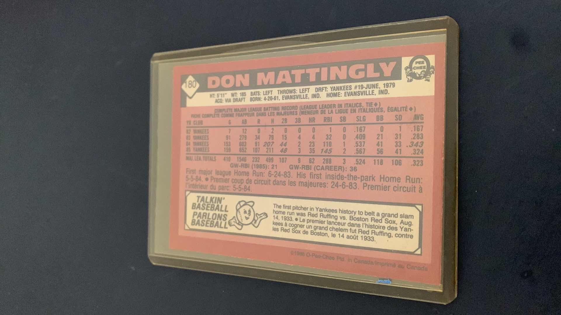 Photo 2 of 1986 DON MATTINGLY TOPPS YANKEES CARD