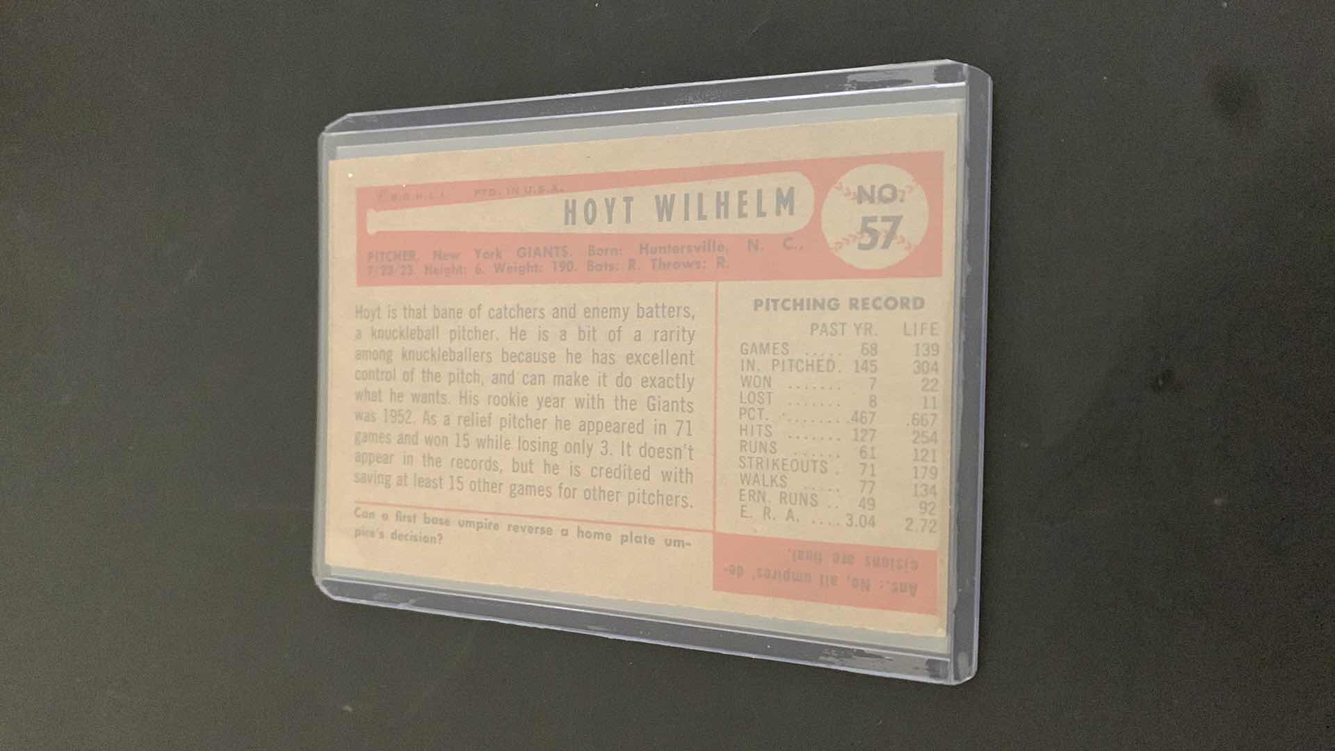 Photo 2 of 1954 BOWMAN HOYT WILHELM GIANTS CARD